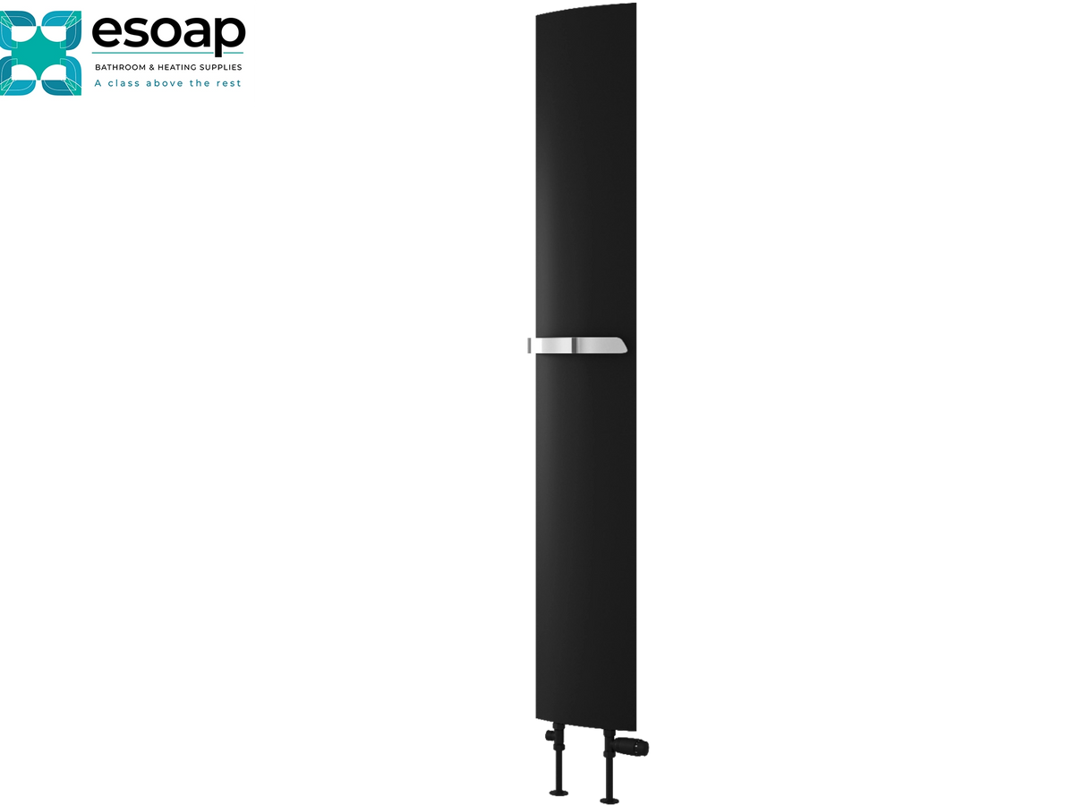 A tall, narrow matte black radiator finial with a polished silver horizontal accent band in the middle, shown on a plain white background with the Esoap logo in the top-left corner. Reina Picoli 1800x280 Black Designer Radiator