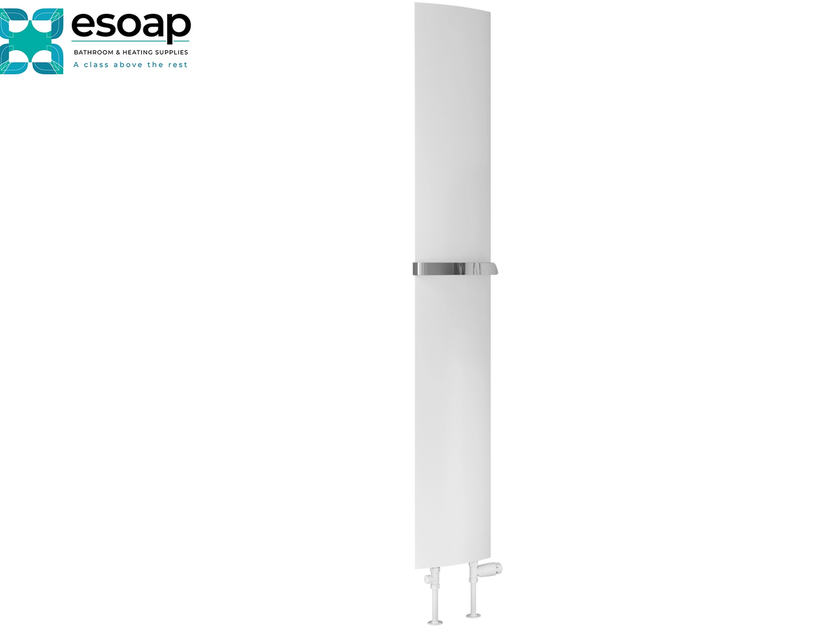 A tall, white vertical panel radiator with a polished silver metal handle, shown against a plain white background with the esoap brand logo in the top-left corner. Reina Picoli 1800x280 White Designer Radiator