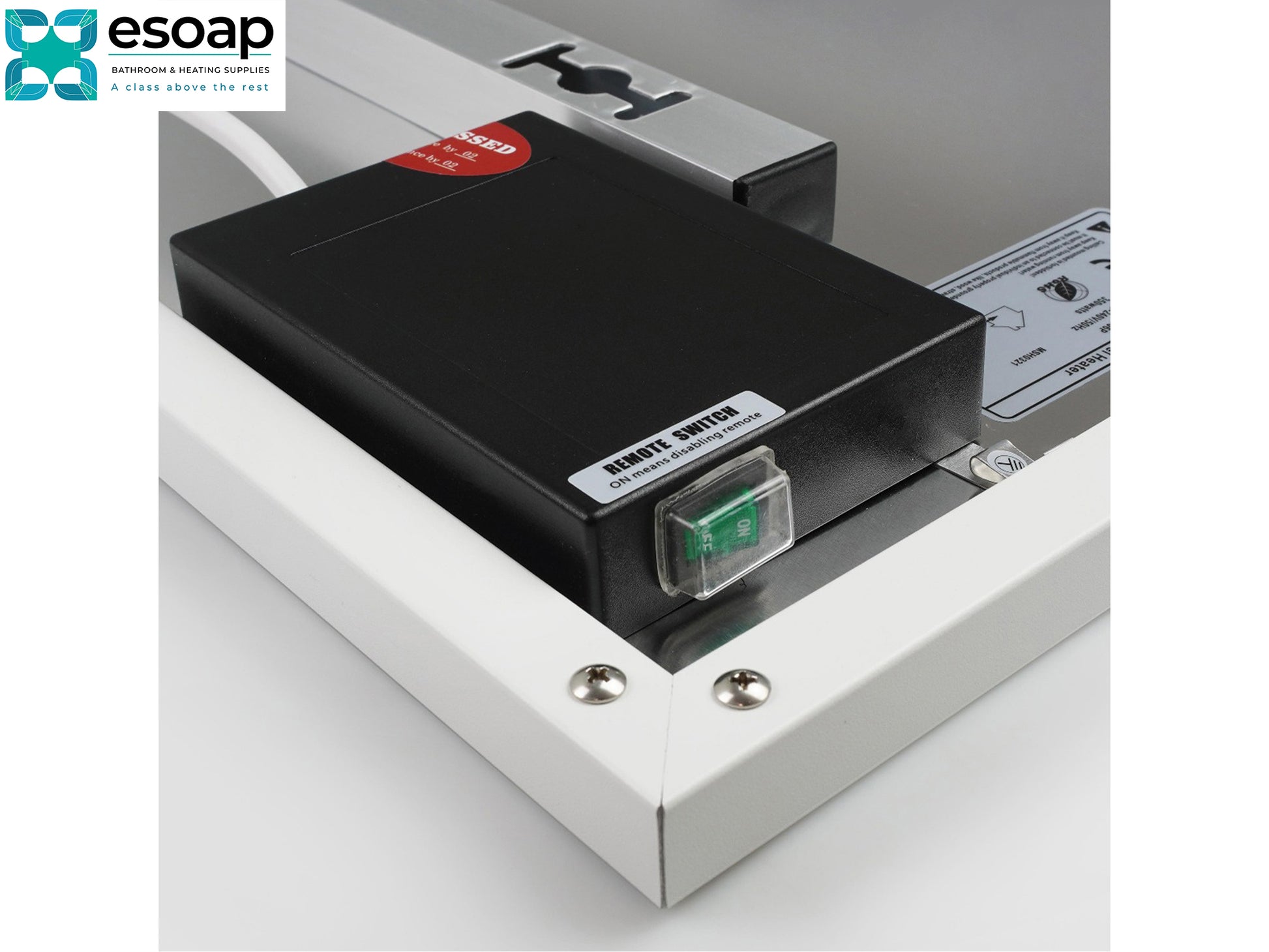 Remote switch for 1200W Nexus Wi-Fi Infrared Heating Panel, featuring the Esoap logo.