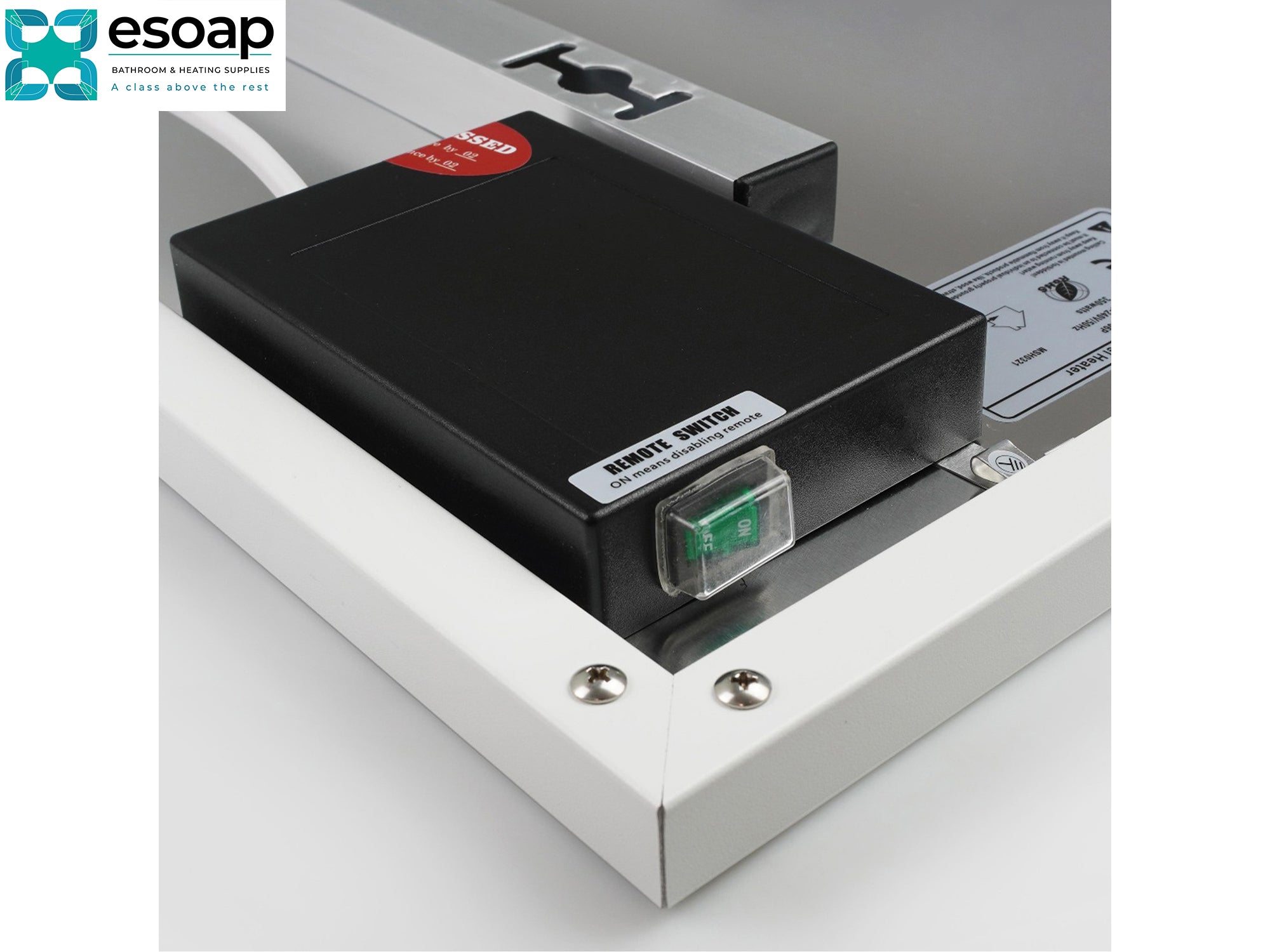 Remote switch for 1200W Nexus Wi-Fi Infrared Heating Panel, featuring the Esoap logo.