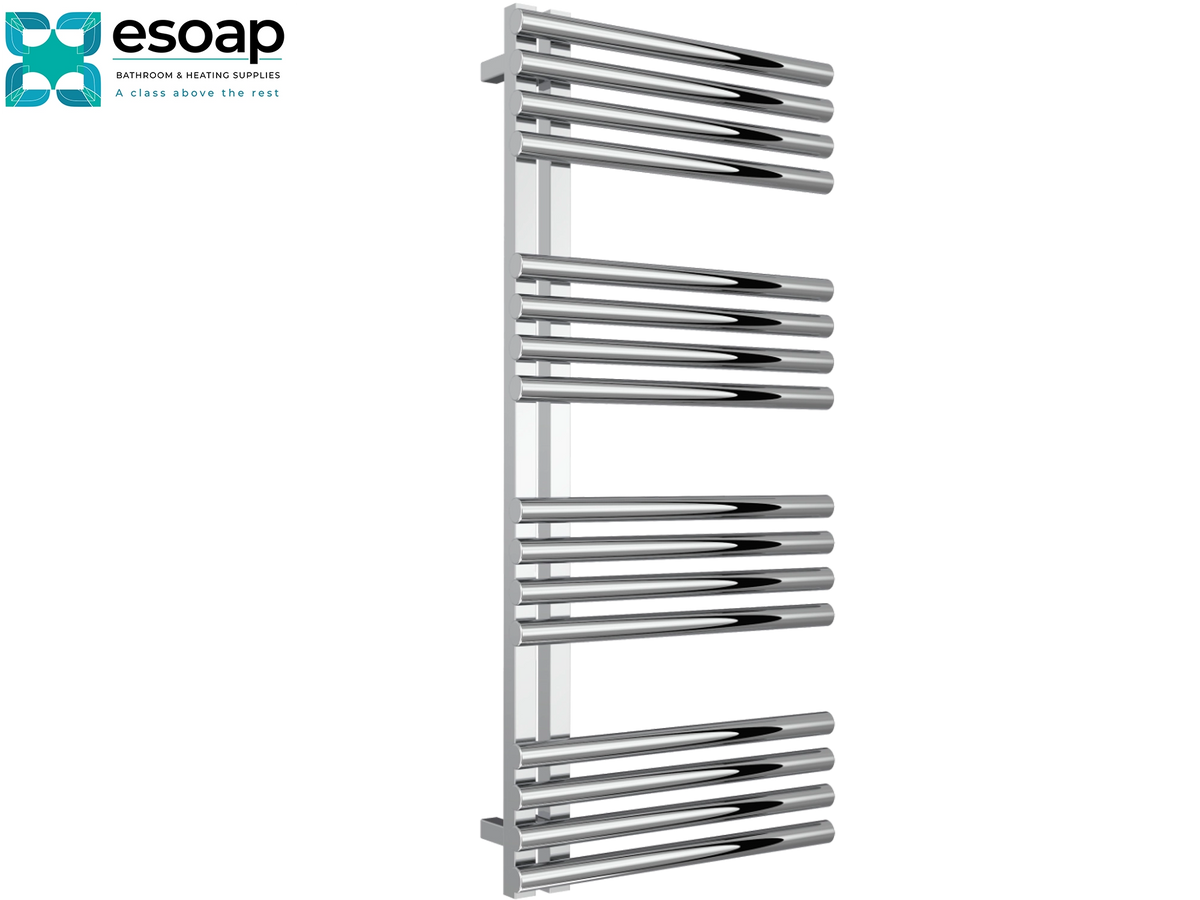 A tall, modern heated towel rail with horizontal chrome bars, shown on a plain white background with the Esoap brand logo in the top-left corner. Reina Adora 1106x500 Polished Stainless Steel Designer Radiator