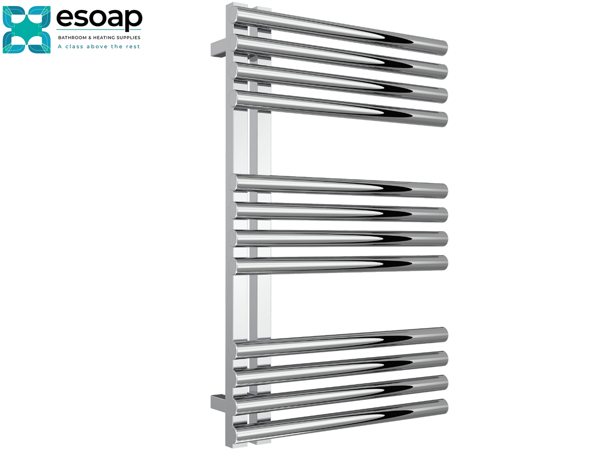 A polished chrome heated towel rail with ten horizontal bars, shown on a plain white background with the Esoap brand logo in the top-left corner. Reina Adora 800x500 Polished Stainless Steel Designer Radiator