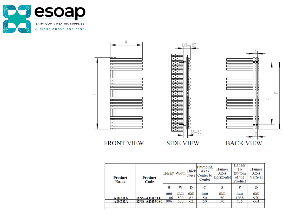 Technical dimension drawing and product table for the Esoap Adora 110-300-24 single channel humidifier. The diagram shows front, side, and back views with measurements, and a table below listing product codes, heights, widths, and plumb center details. Reina Adora Polished Stainless Steel Designer Radiator