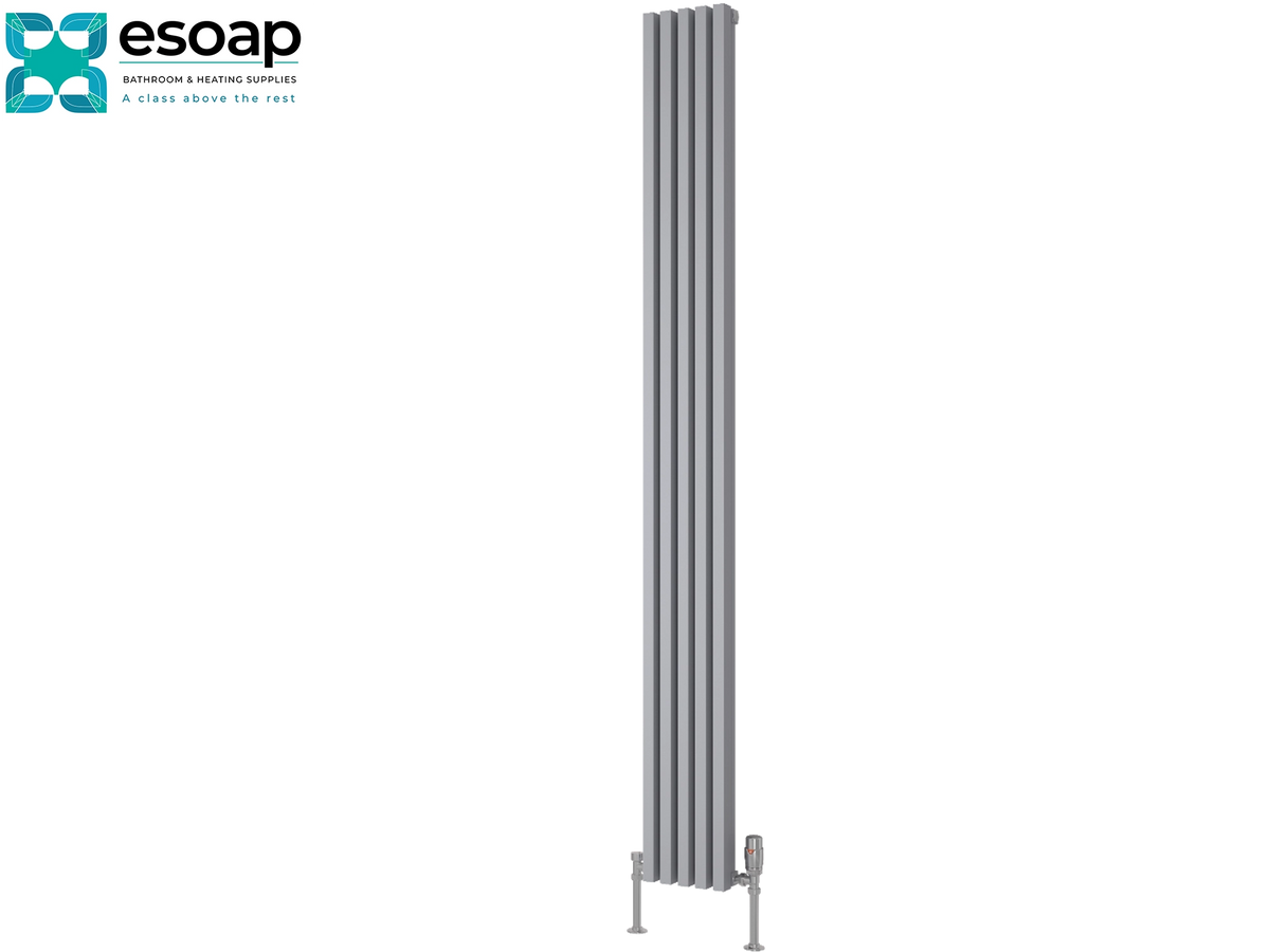 A tall, slim vertical panel radiator in a matte gray finish, shown against a plain white background with the Esoap brand logo in the top-left corner Reina Albano 1800x190 Silver Designer Radiator