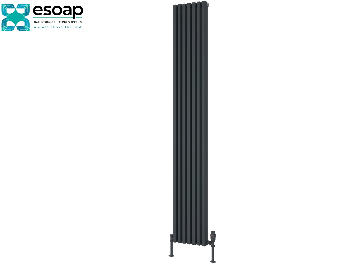 A tall, narrow charcoal gray panel radiator shown against a plain white background, with the Esoap brand logo in the top-left corner Reina Albano 1800x270 Anthracite Designer Radiator