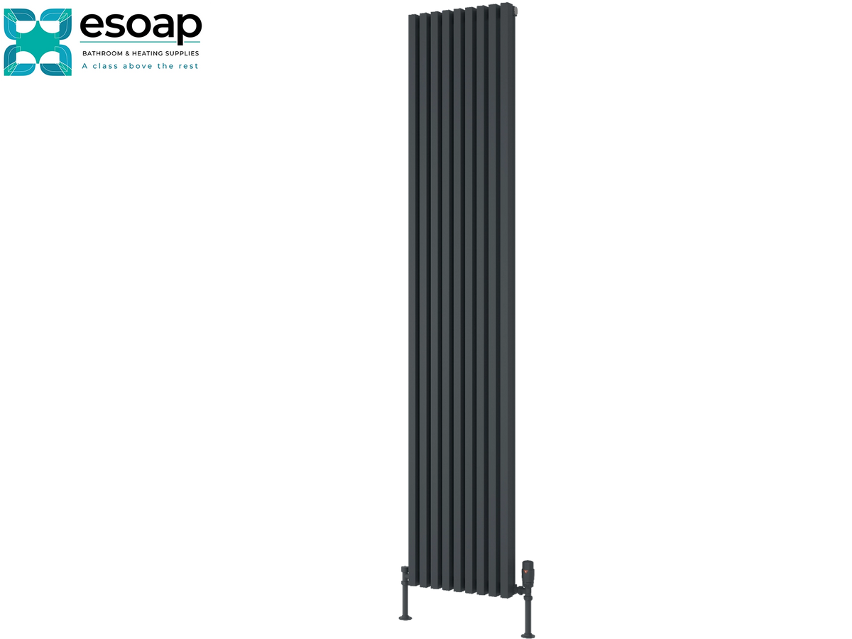 A tall, narrow charcoal gray vertical panel radiator shown against a plain white background, with the Esoap logo in the top-left corner Reina Albano 1800x350 Anthracite Designer Radiator