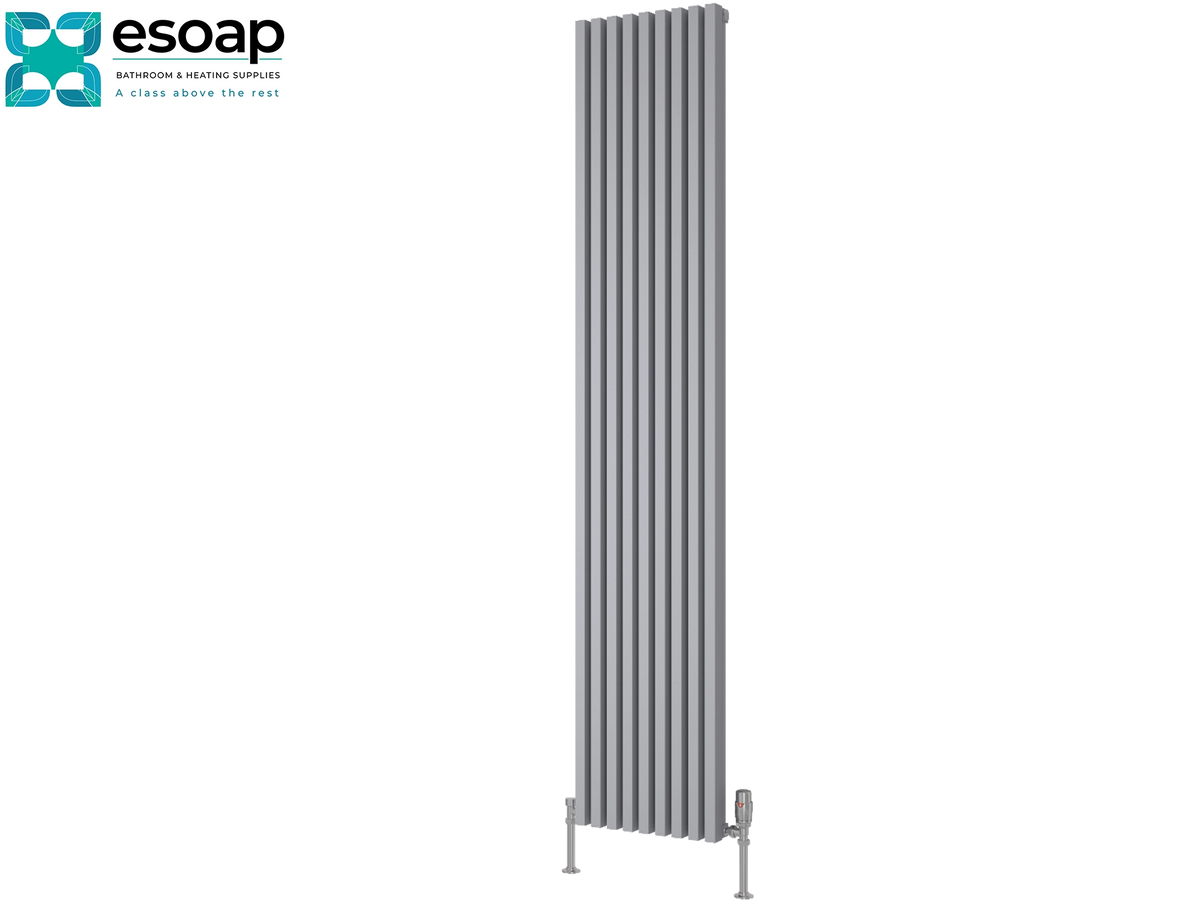 A tall, modern multi-panel vertical radiator in a matte gray finish, shown against a plain white background with the Esoap brand logo in the top-left corner Reina Albano 1800x350 Silver Designer Radiator