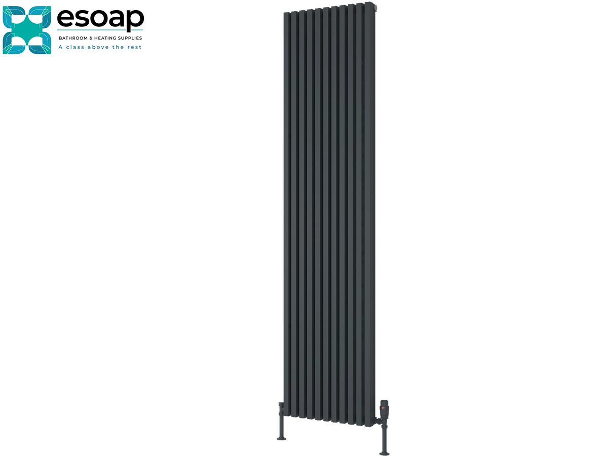 A tall, dark charcoal gray vertical panel radiator shown on a plain white background, with the Esoap logo in the top-left corner Reina Albano 1800x430 Anthracite Designer Radiator