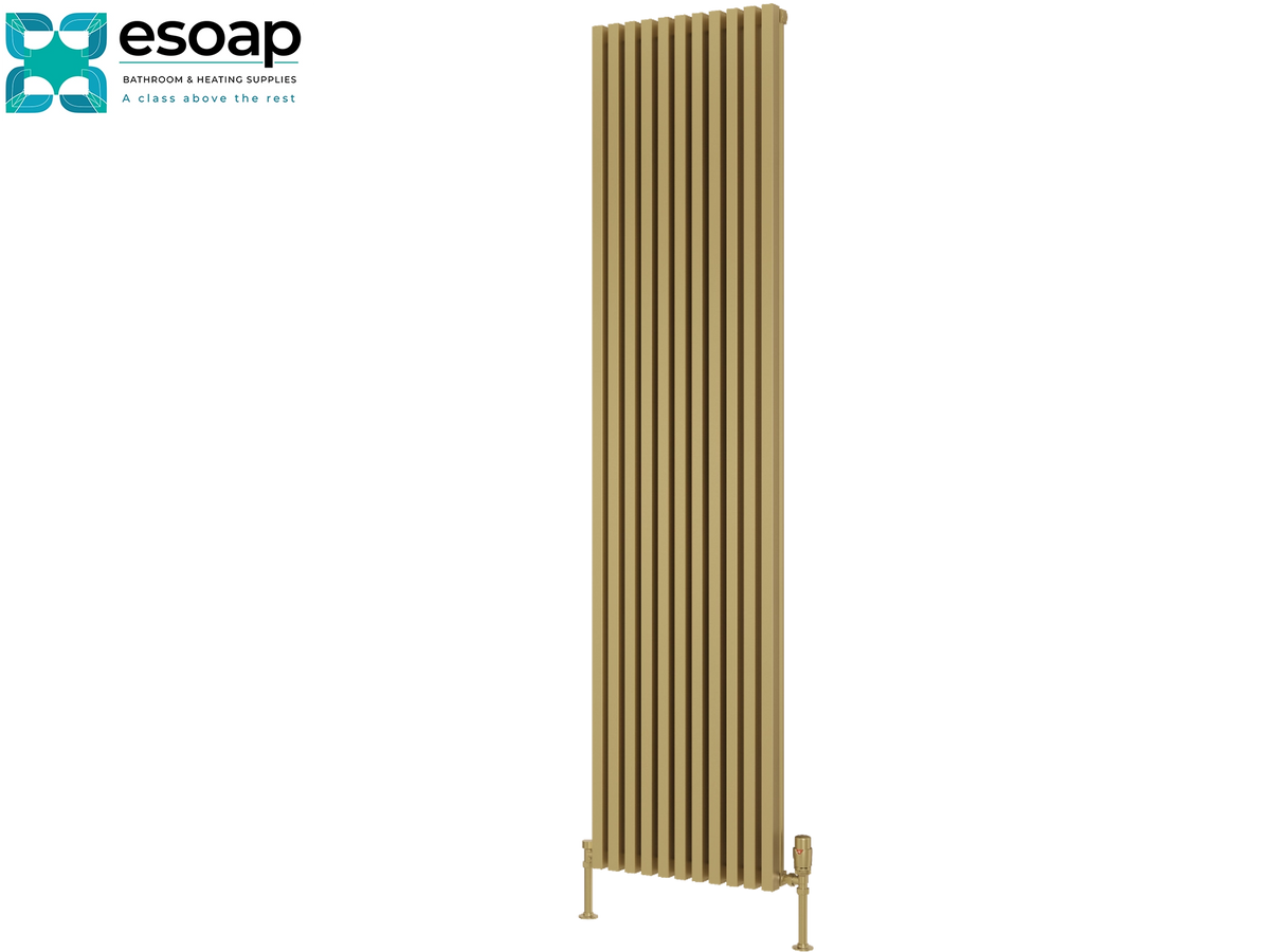 A tall, narrow vertical radiator in a warm gold or brass finish, shown on a plain white background with the Esoap logo in the top-left corner Reina Albano 1800x430 Brass Designer Radiator