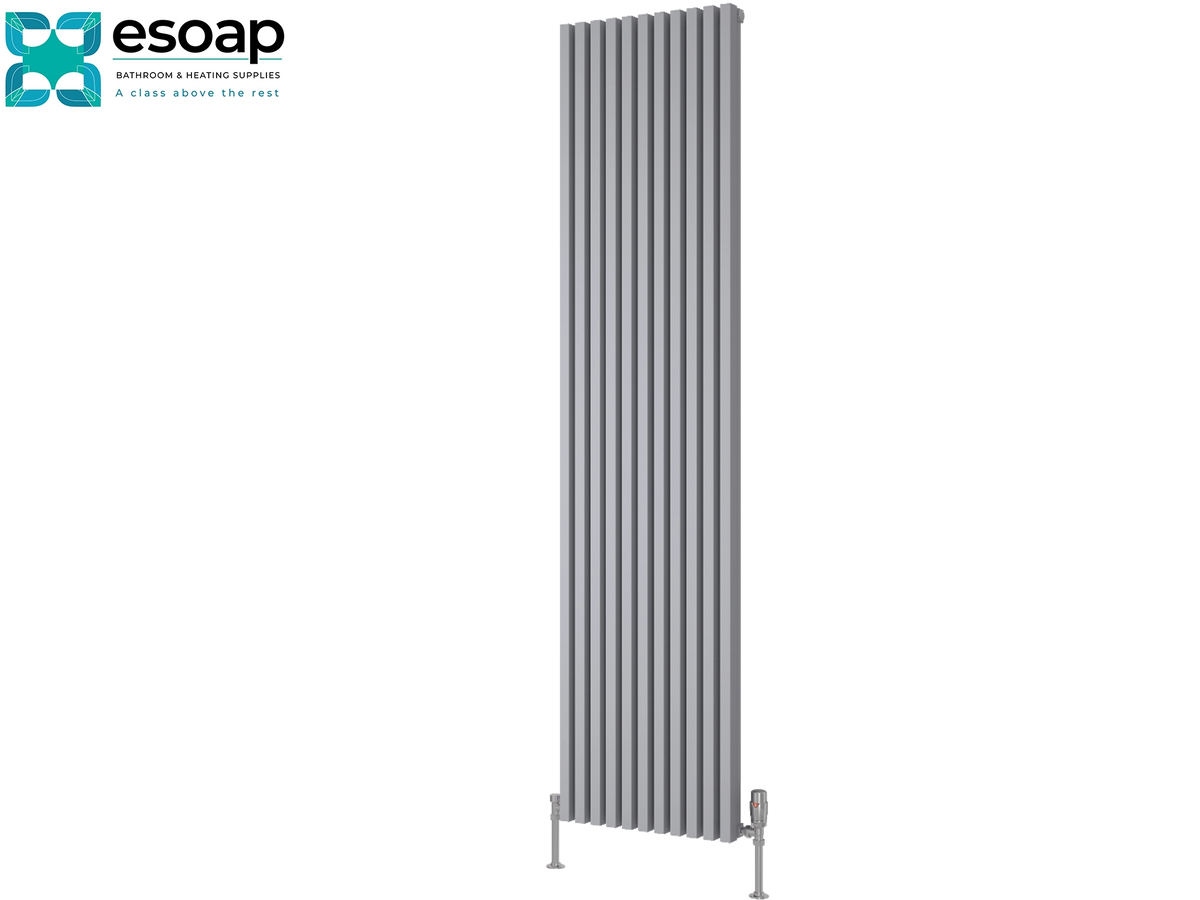 A tall, modern vertical panel radiator in a matte gray finish, shown against a plain white background with the Esoap brand logo in the top-left corner Reina Albano 1800x430 Silver Designer Radiator