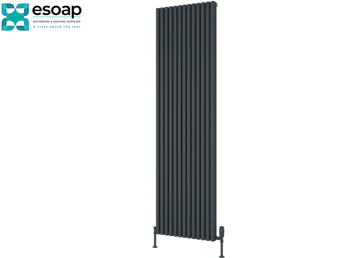 A tall, dark charcoal gray vertical panel radiator shown on a plain white background, with the Esoap brand logo in the top-left corner Reina Albano 1800x510 Anthracite Designer Radiator