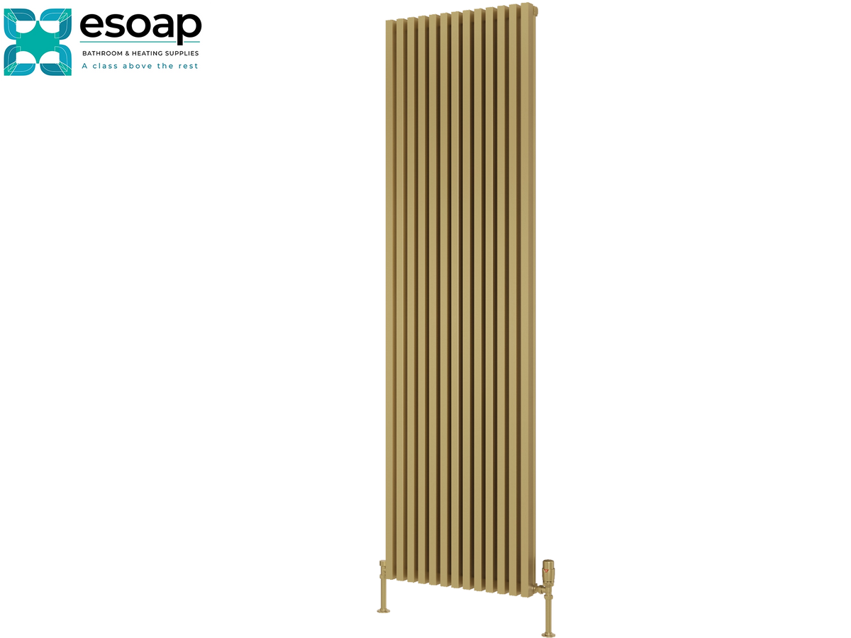 A tall, narrow vertical radiator in a warm gold or brass finish, shown against a plain white background with the Esoap logo in the top-left corner Reina Albano 1800x510 Brass Designer Radiator