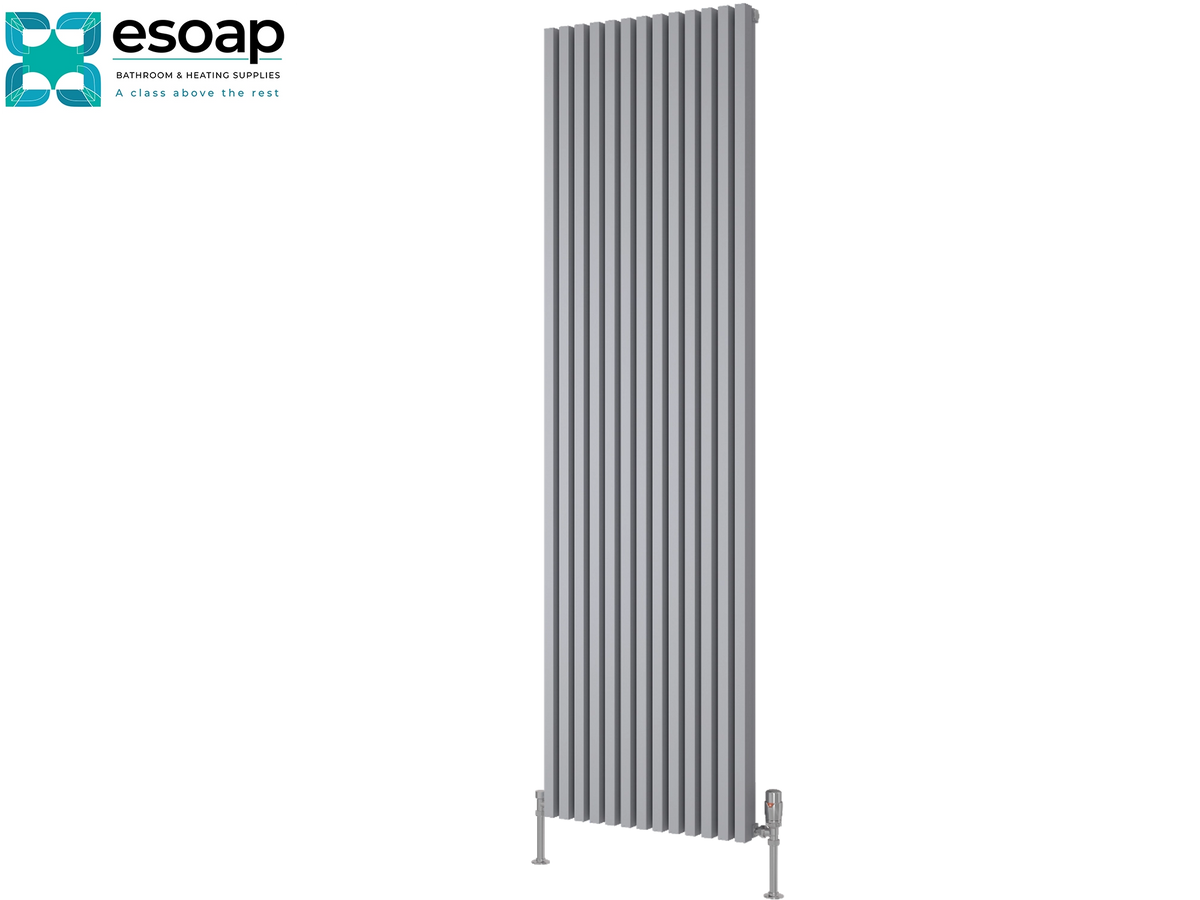 A tall, narrow vertical radiator with a ribbed slatted design in a medium gray finish, shown against a plain white background with the Esoap brand logo in the top-left corner Reina Albano 1800x510 Silver Designer Radiator