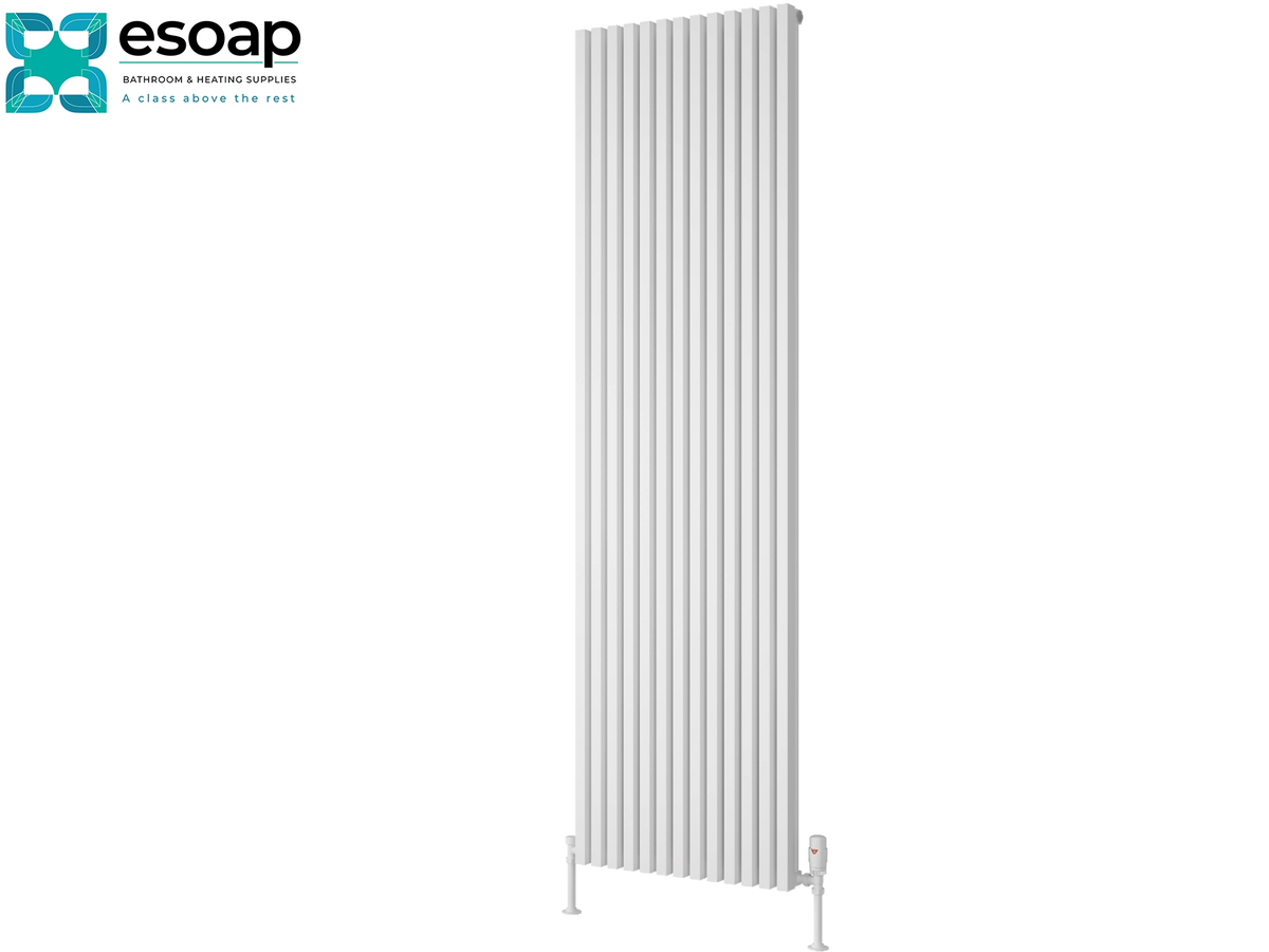 A tall, white vertical panel radiator shown on a plain white background, with the Esoap brand logo in the top-left corner Reina Albano 1800x510 White Designer Radiator