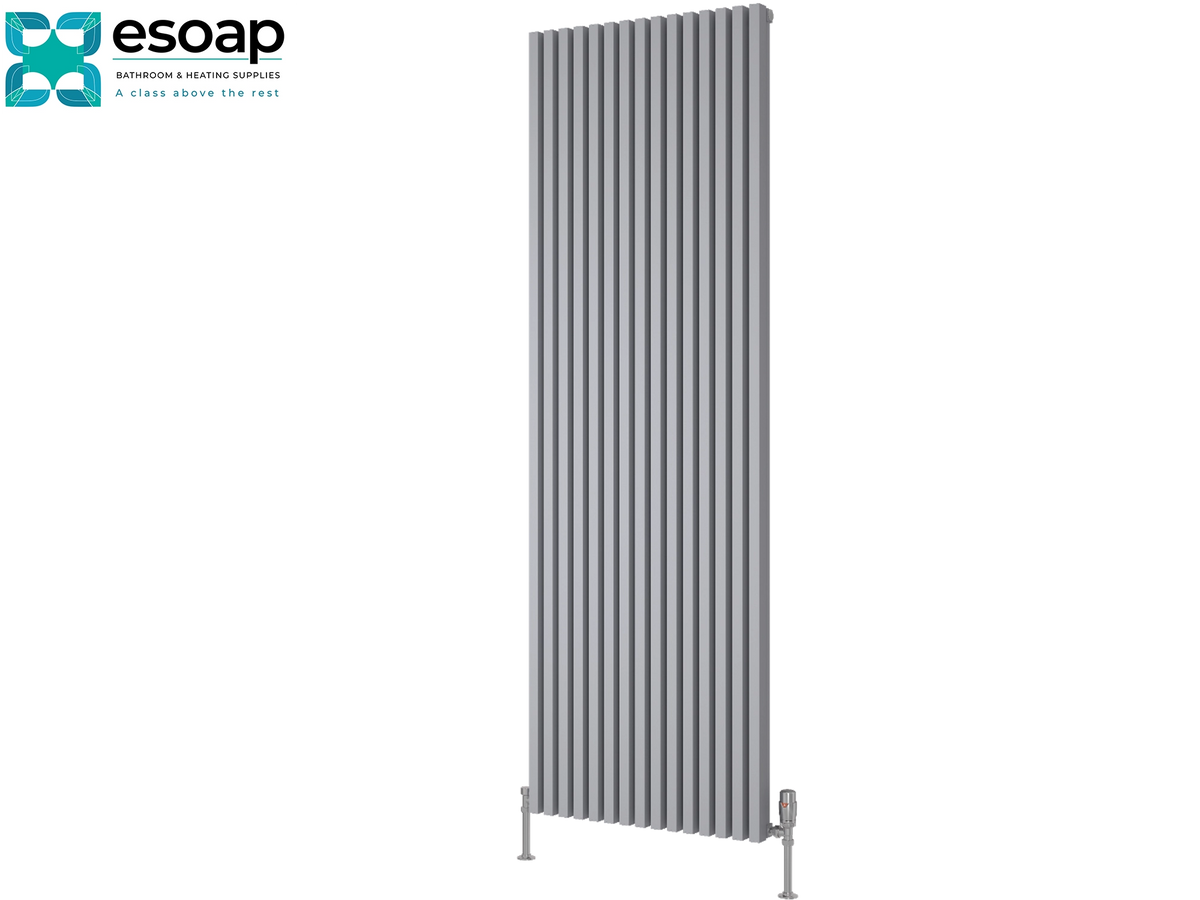 A tall, modern vertical radiator with a ribbed slatted design in a matte gray finish, shown on a plain white background with the Esoap brand logo in the top-left corner Reina Albano 1800x590 Silver Designer Radiator