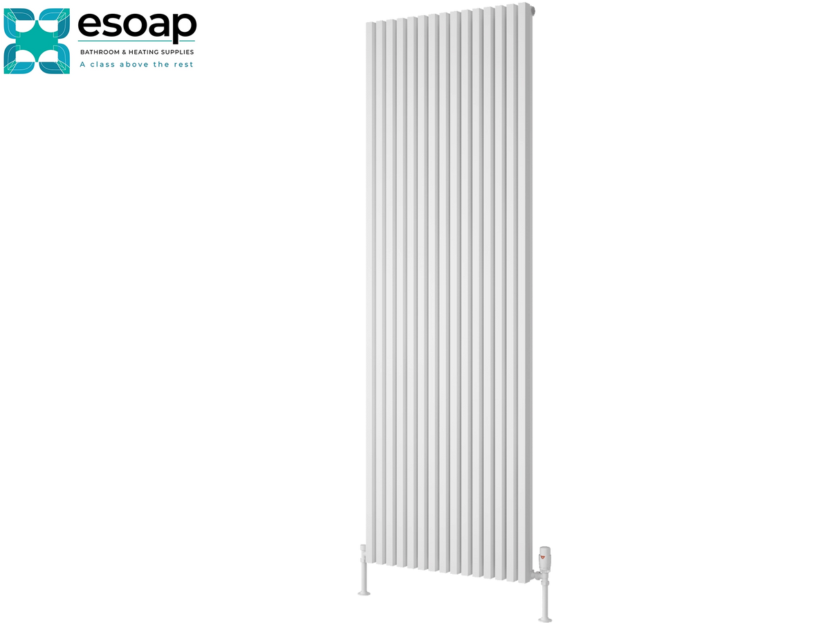 A tall, white vertical panel radiator shown on a plain white background, with the Esoap brand logo in the top-left corner Reina Albano 1800x590 White Designer Radiator