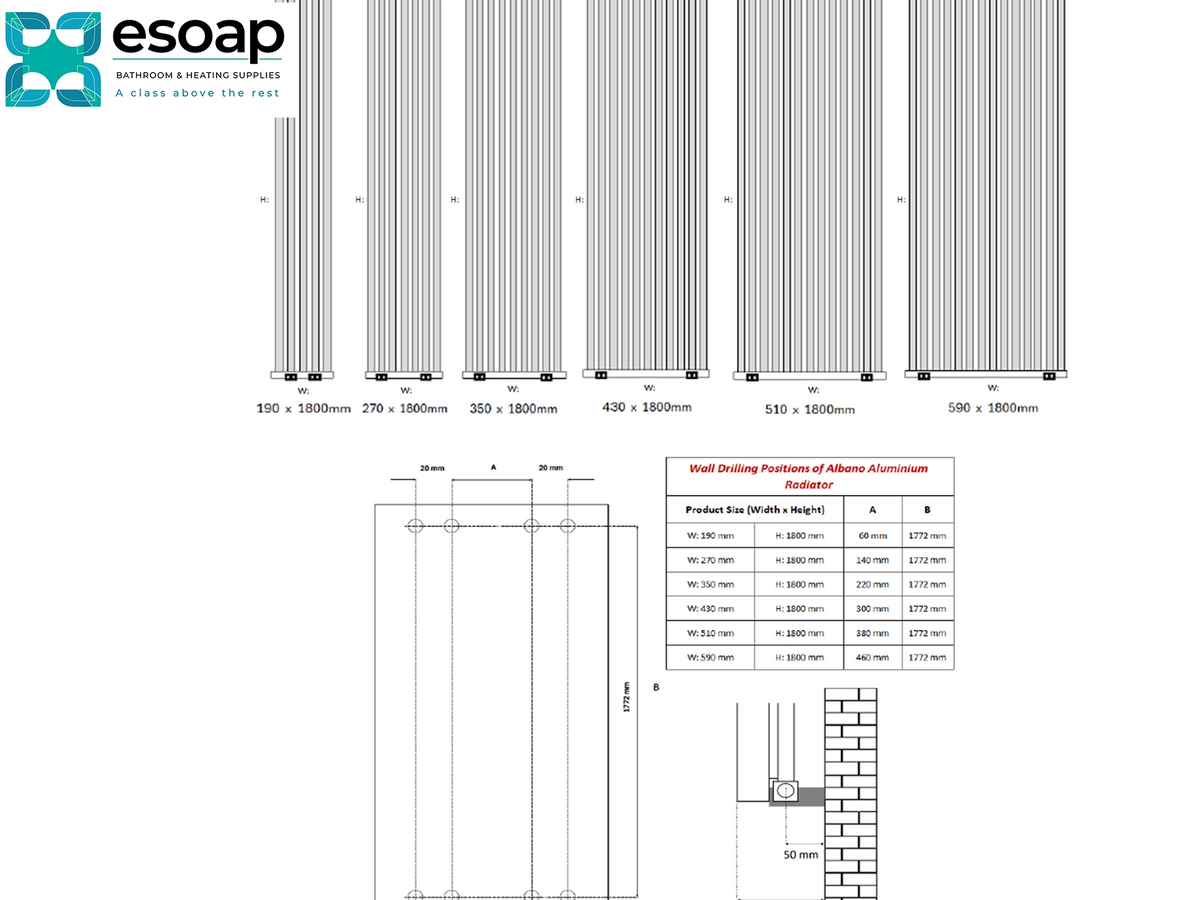 Technical specification sheet for Esoap aluminum radiator fins, showing different fin heights (150, 370, 510, 650, 800, 950mm) with dimension diagrams, a mounting bracket table, and a brick wall installation diagram Reina Albano Designer Radiator
