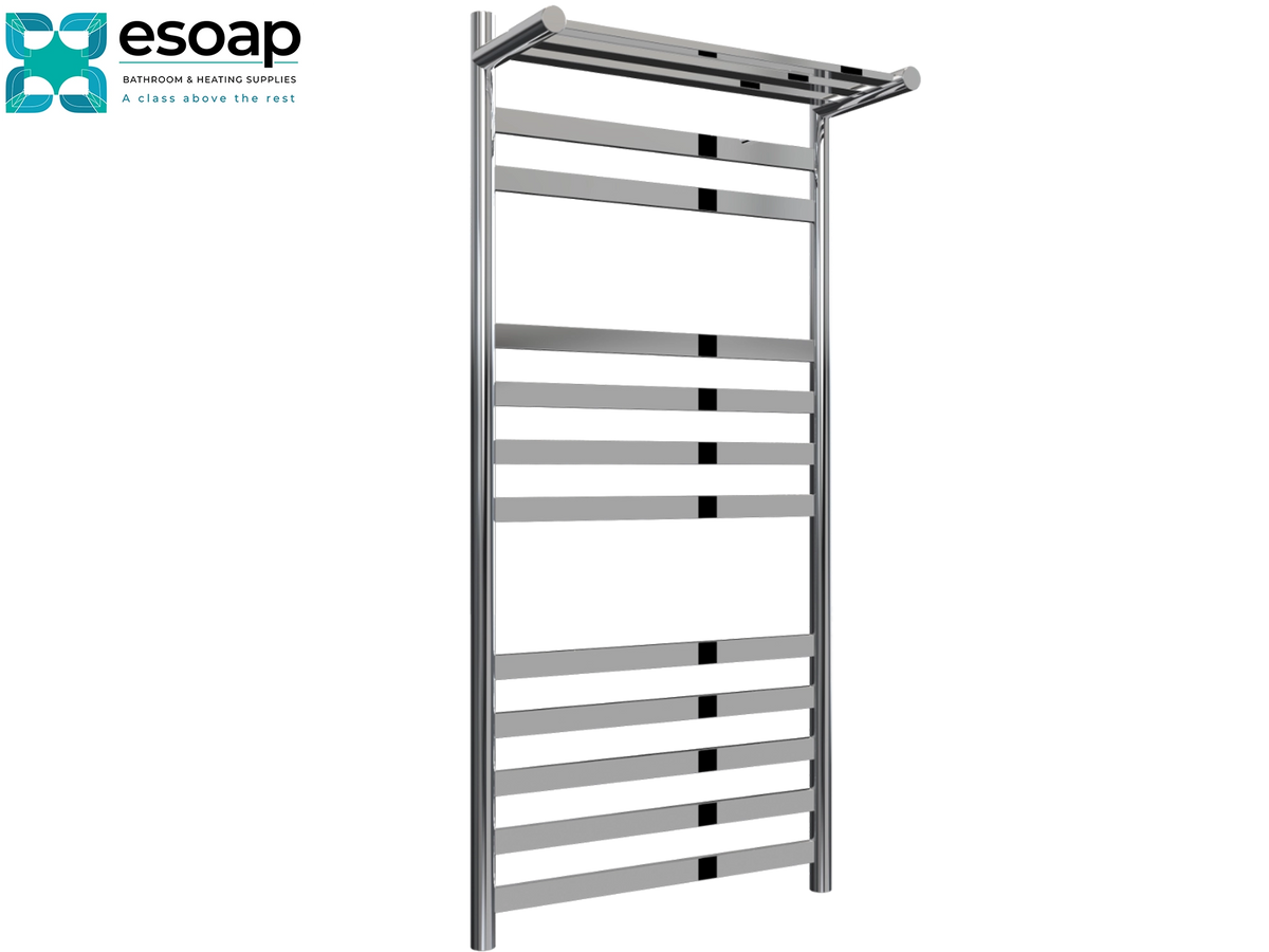 A tall stainless steel heated towel rail with multiple horizontal bars and a top bar, shown on a plain white background with the Esoap logo in the top-left corner. Reina Alento 1120x530 Polished Stainless Steel Designer Radiator