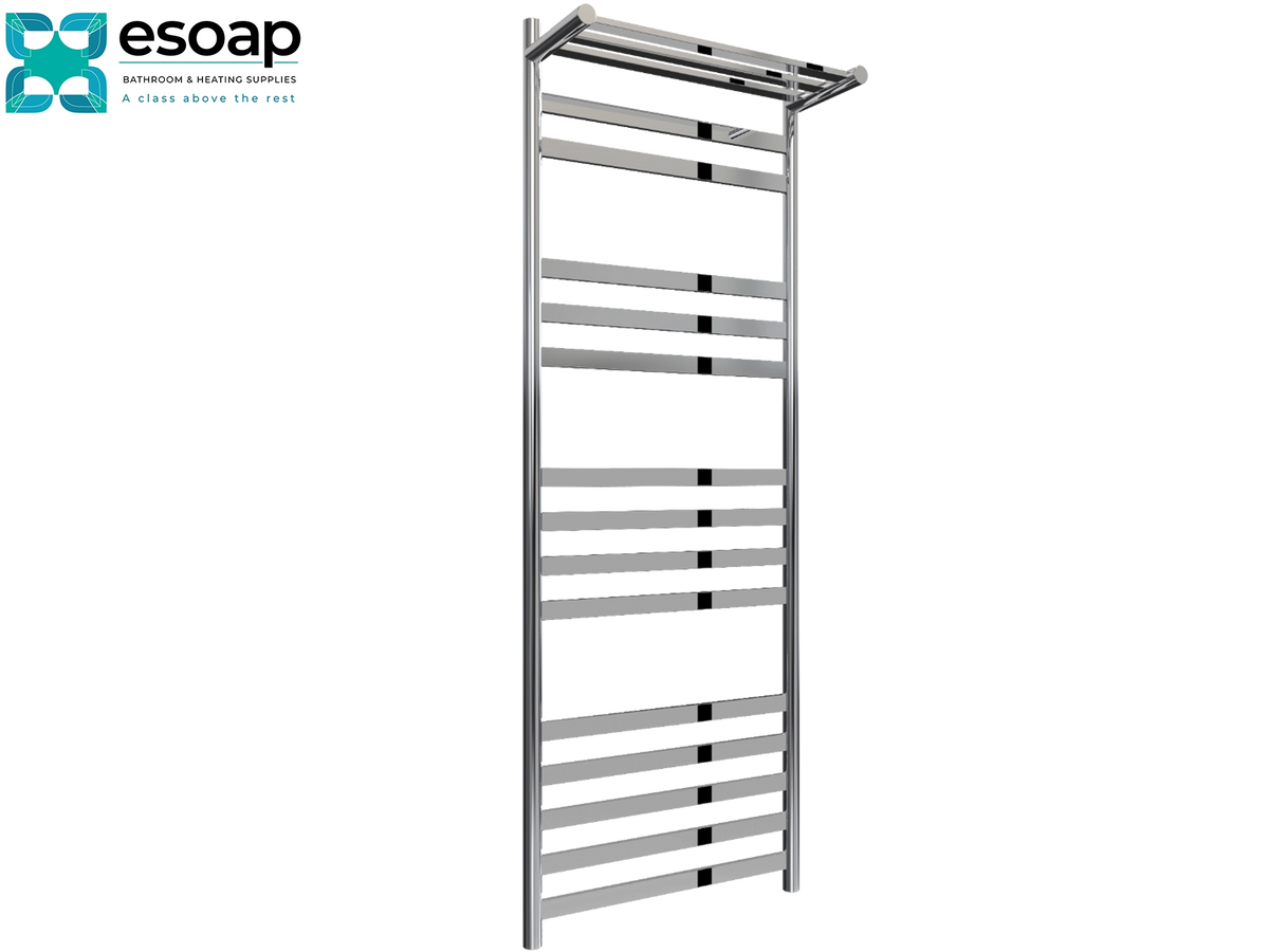 A tall, modern stainless steel towel rail with horizontal bars and a top hanging bar, shown on a plain white background with the Esoap brand logo in the top-left corner. Reina Alento 1450x530 Polished Stainless Steel Designer Radiator
