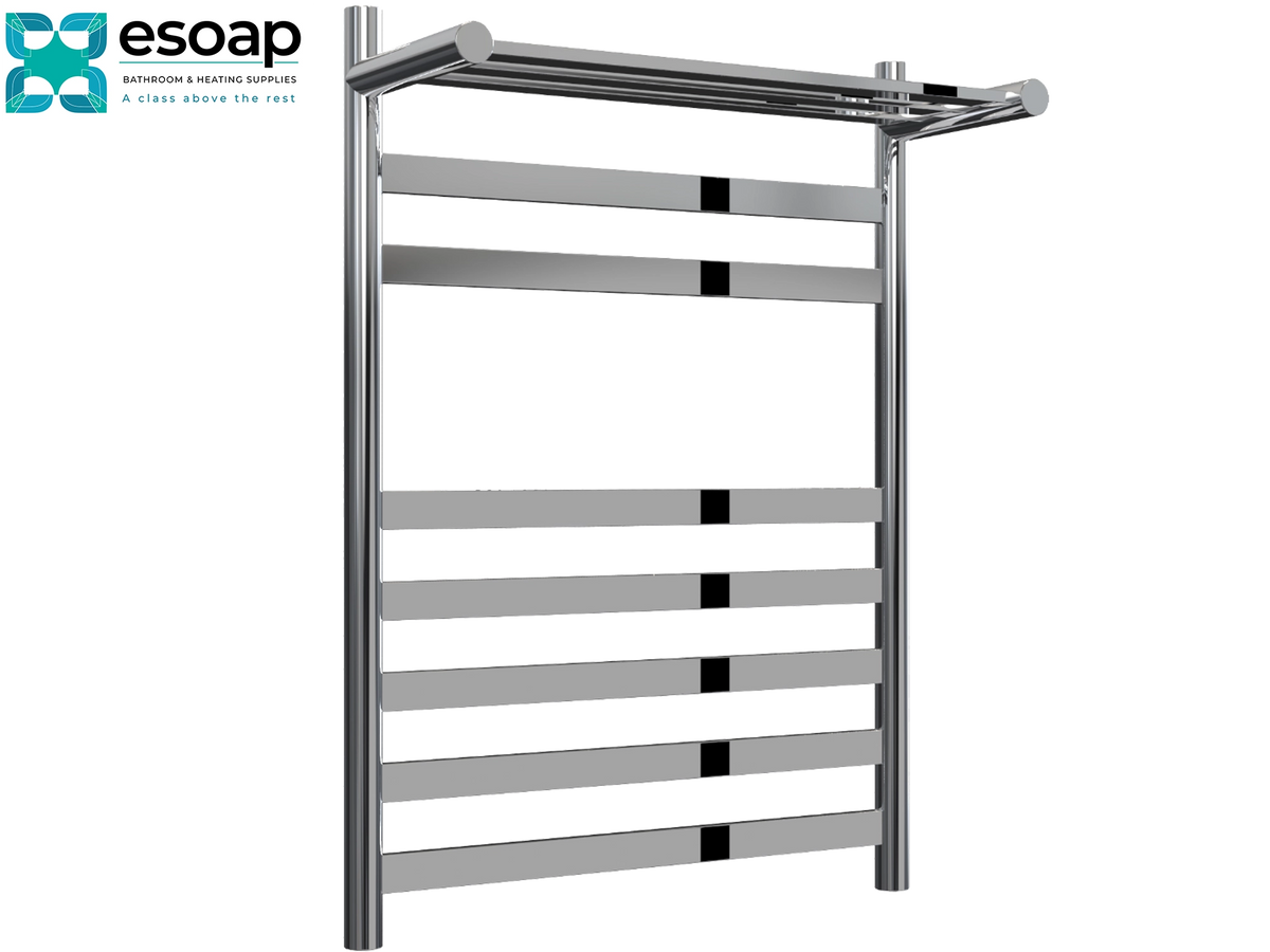 A stainless steel towel rail with horizontal bars and a top bar with cylindrical end caps, shown against a plain white background with the Esoap brand logo in the top-left corner. Reina Alento 720x530 Polished Stainless Steel Designer Radiator