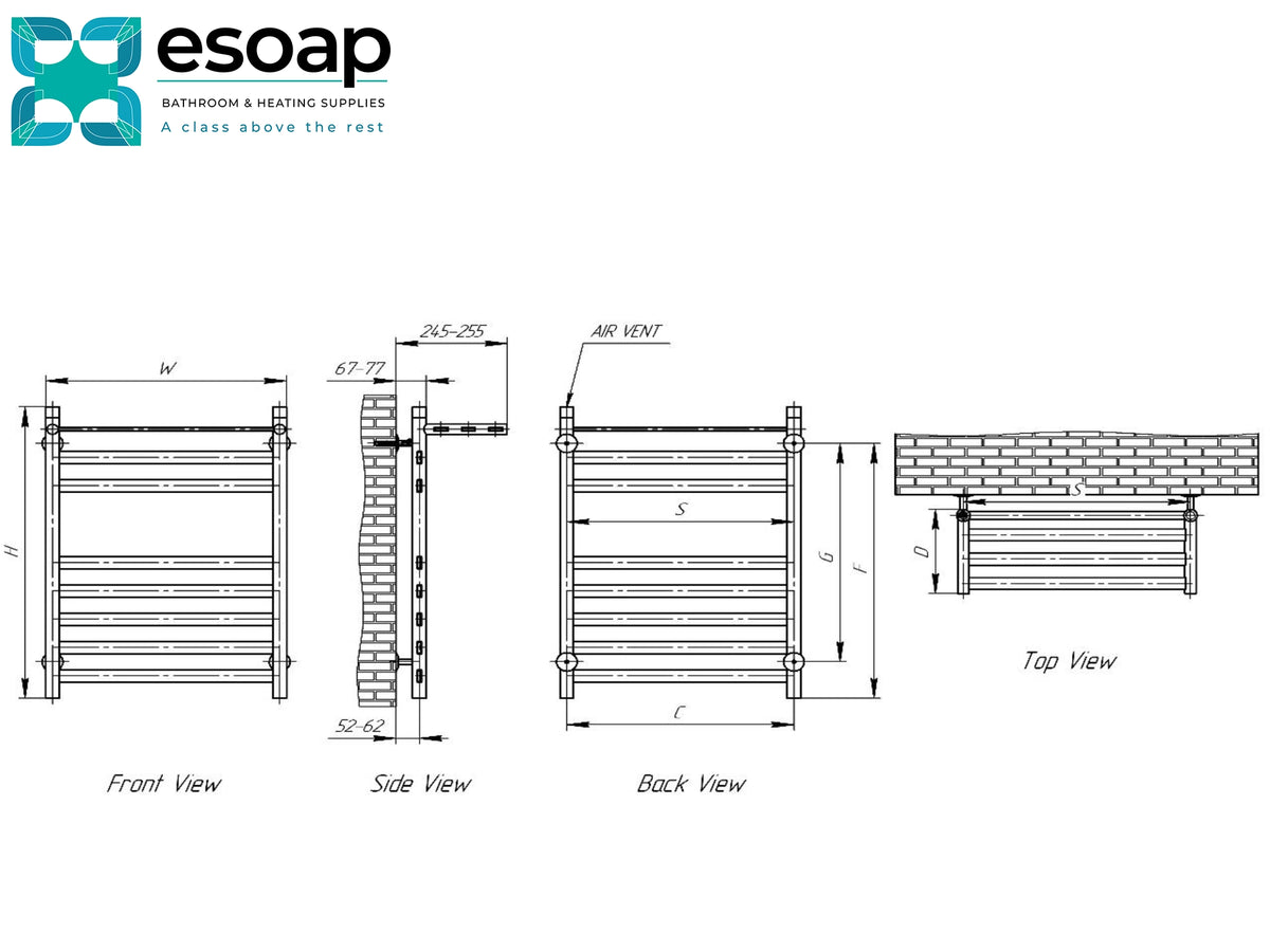 Technical dimension drawing of a towel rack showing front, side, back, and top views with measurements, on a white background with the essoap logo in the upper left. Reina Alento Polished Stainless Steel Designer Radiator
