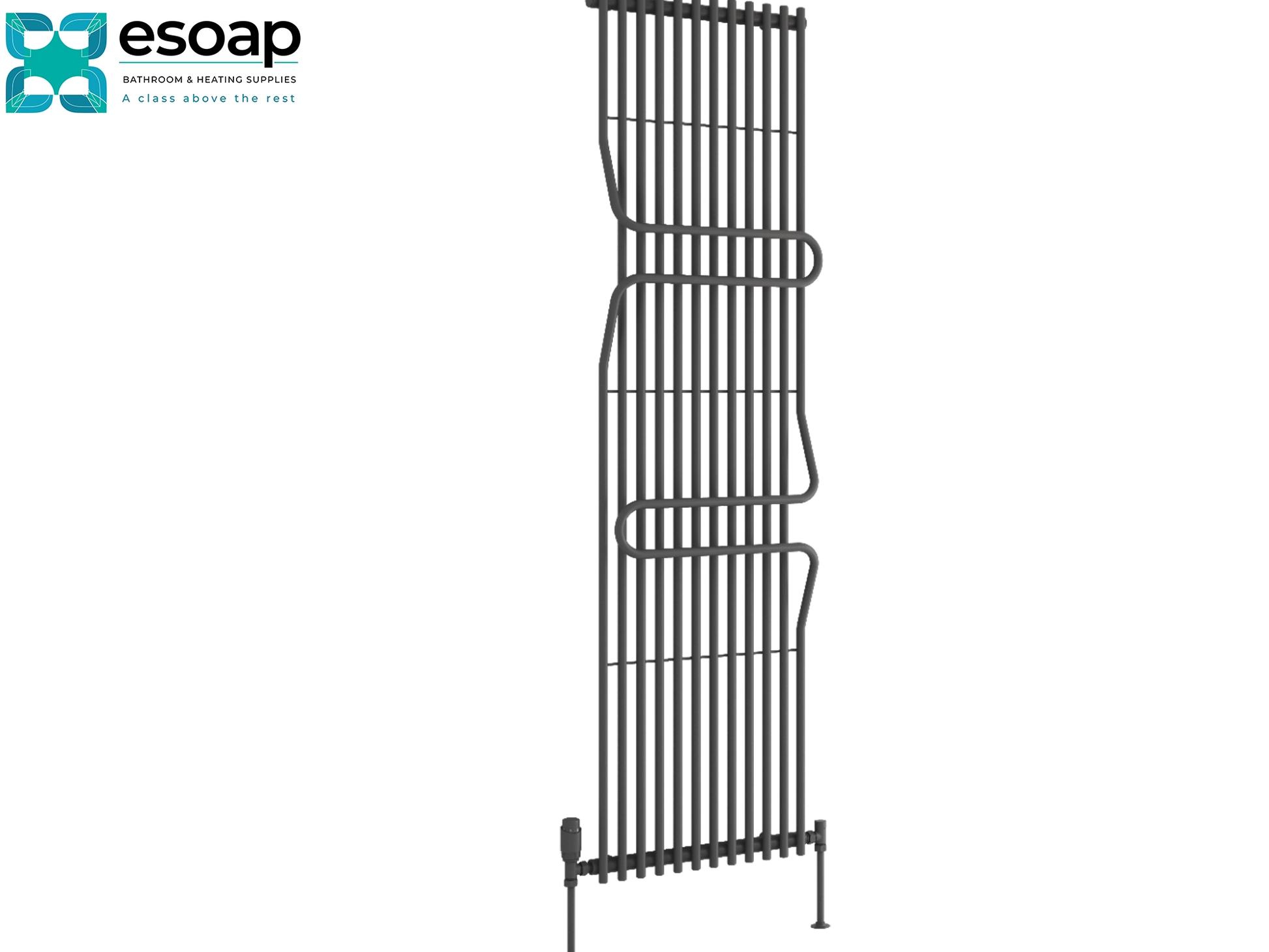 Black aletta metal radiator 1800 x 500 on a white background with 'esoap' branding.