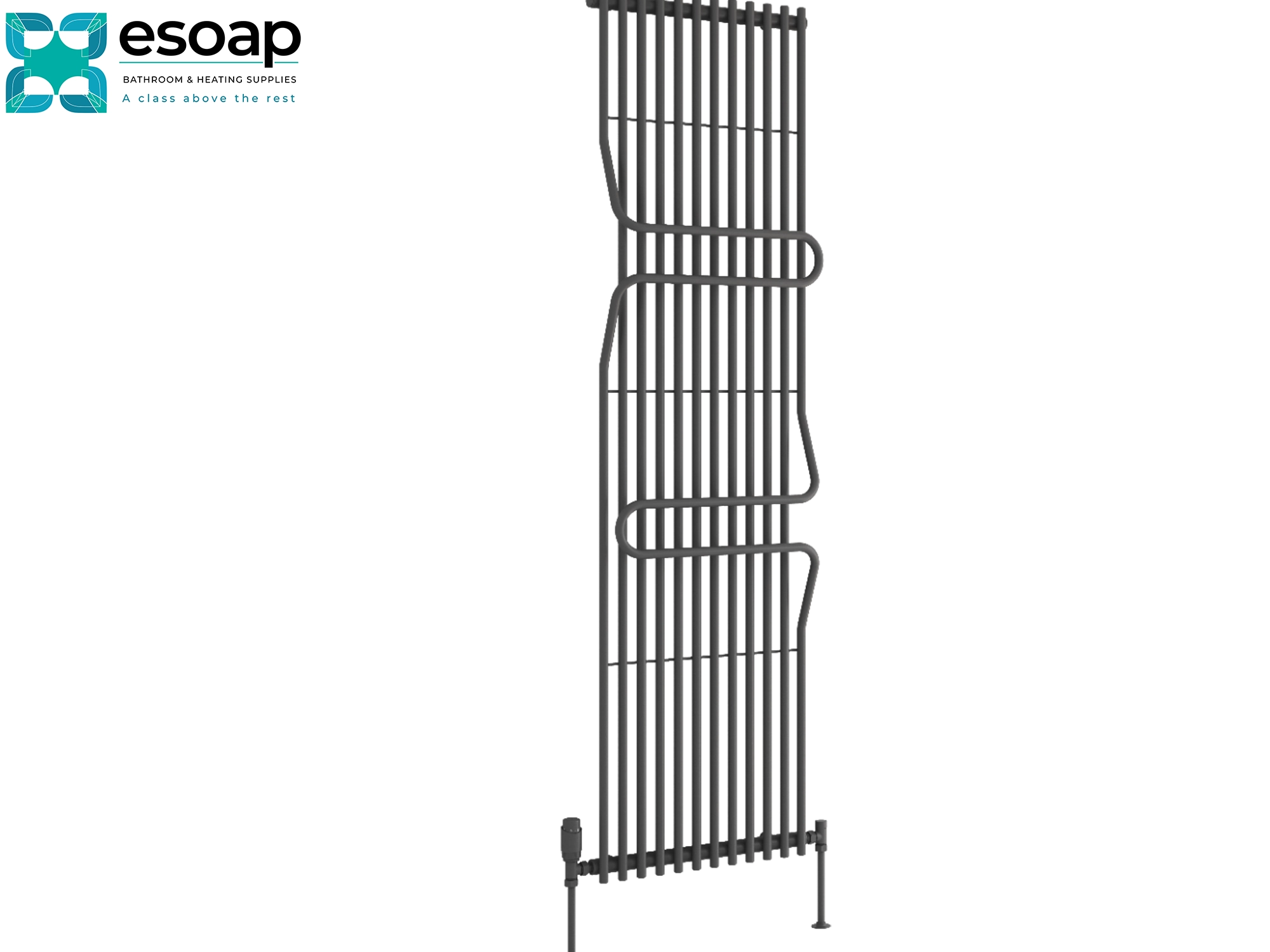 Black aletta metal radiator 1800 x 500 on a white background with 'esoap' branding.