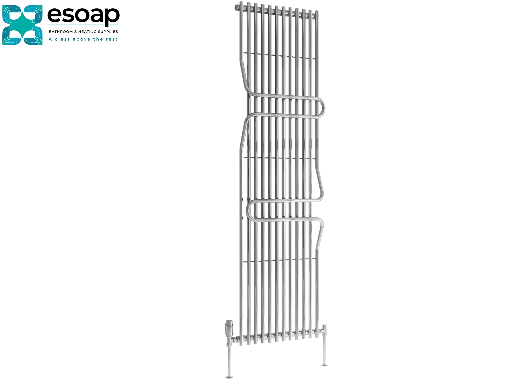 Metallic Chrome Aletta radiator 1800 x 500 on a white background with 'esop' branding.