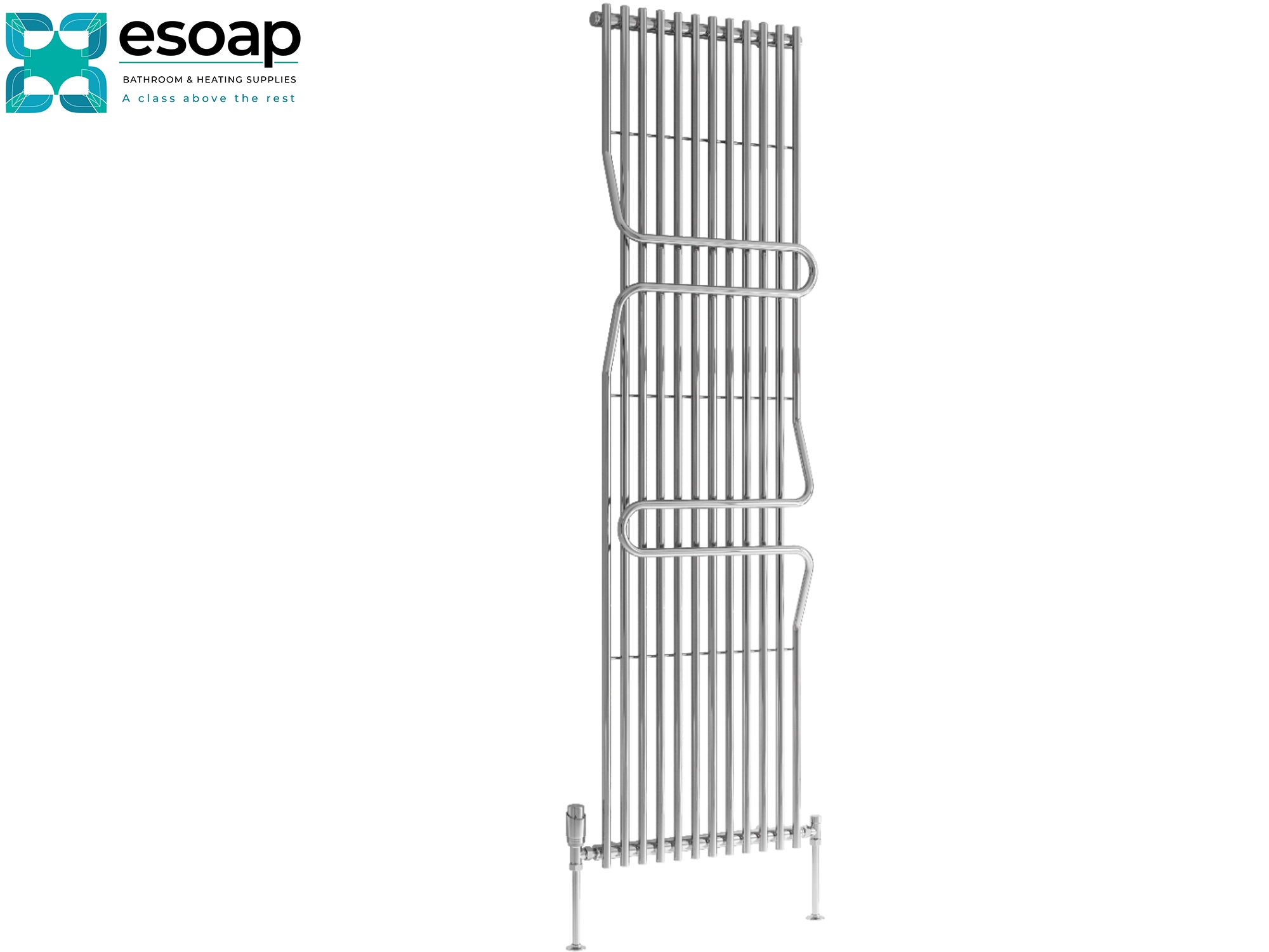 Metallic Chrome Aletta radiator 1800 x 500 on a white background with 'esop' branding.