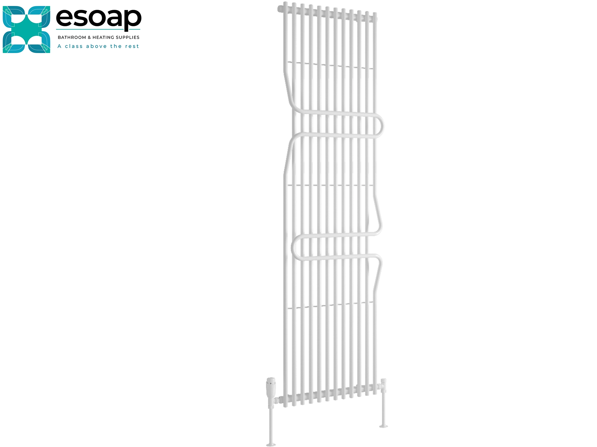 White aletta metal radiator 1800x500 on a white background with 'esop' branding.
