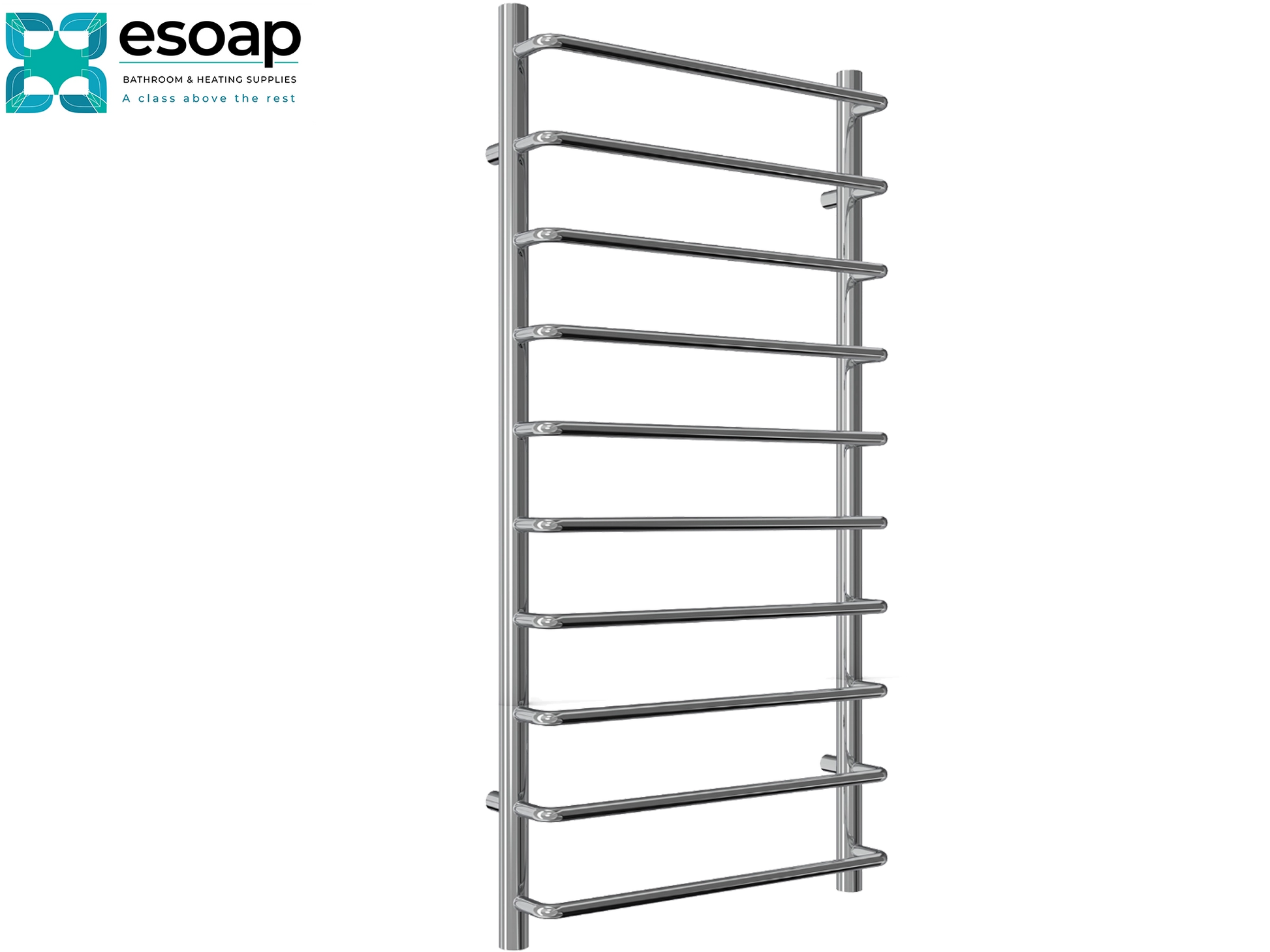Metal towel radiator rack aliano 1000 x 500 on a white background with 'esoap' branding.