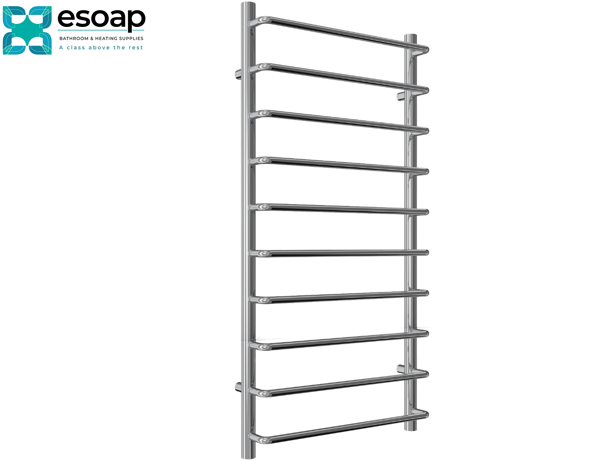 Metal towel radiator rack aliano 1000 x 500 on a white background with 'esoap' branding.