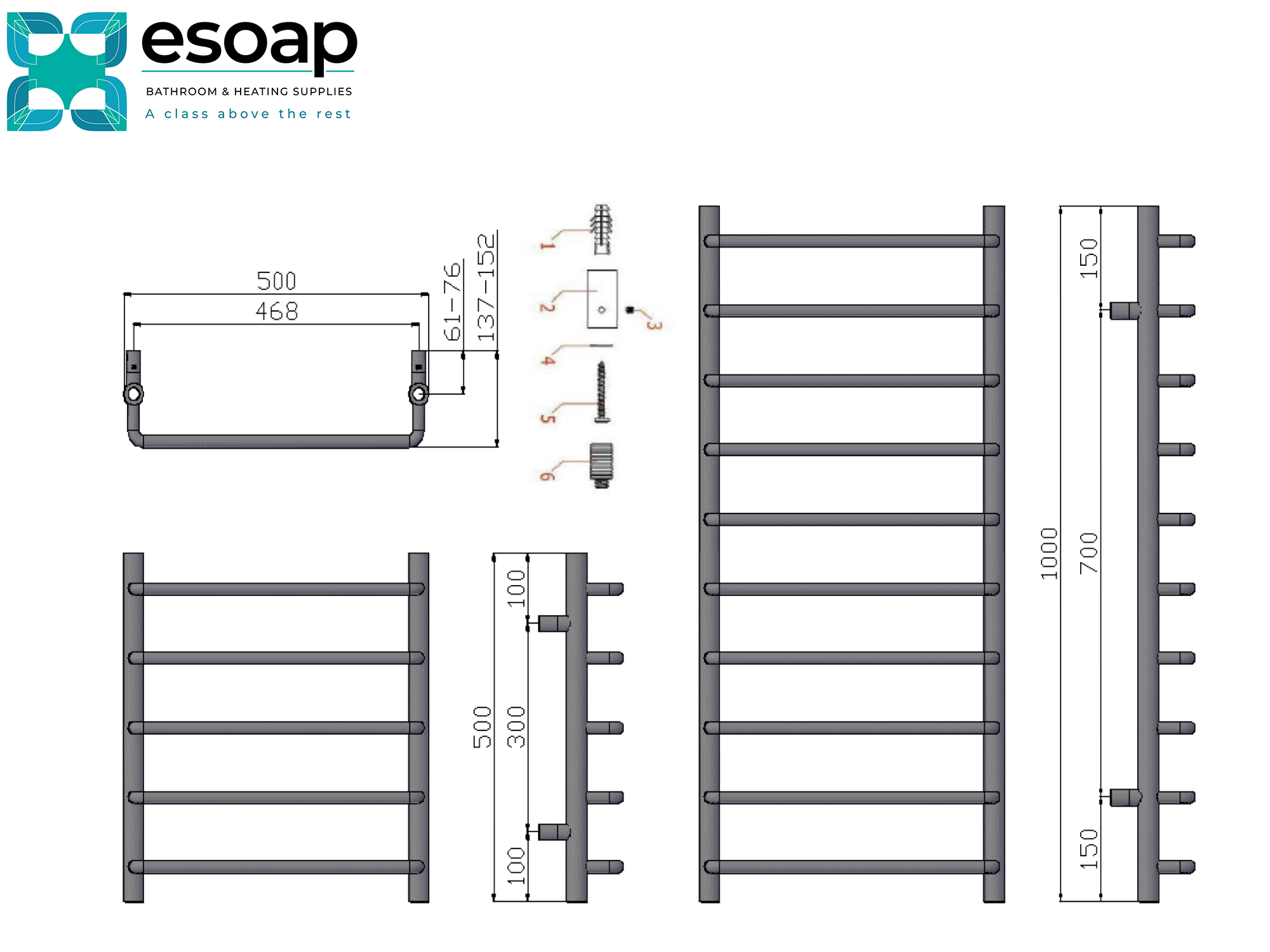 Technical drawing of a aliano towel radiator with dimensions labeled, featuring the Esoap brand.