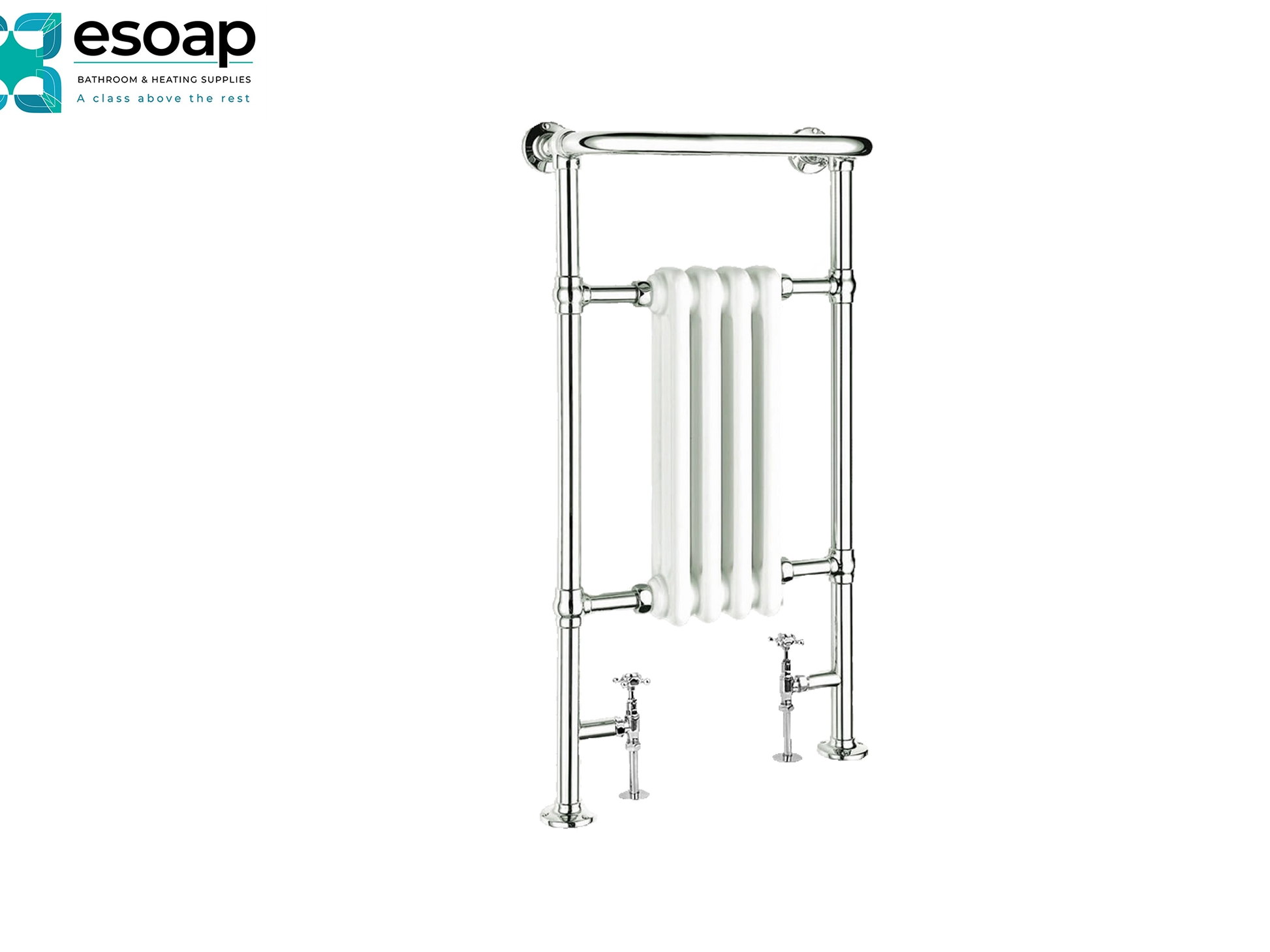 Chrome alicia towel radiator 950 x 475on a white background with Esoap branding.
