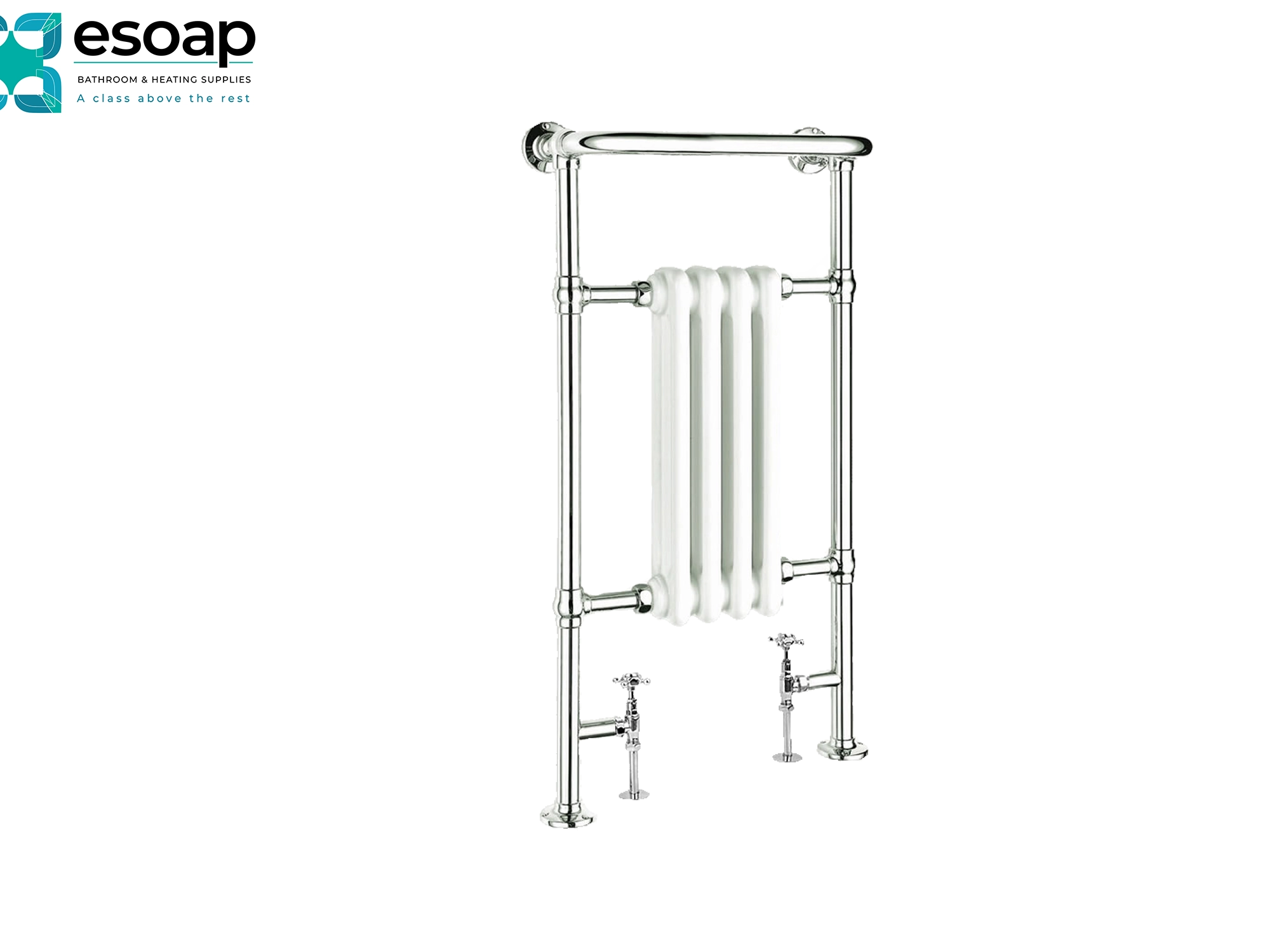 Chrome alicia towel radiator 950 x 475on a white background with Esoap branding.