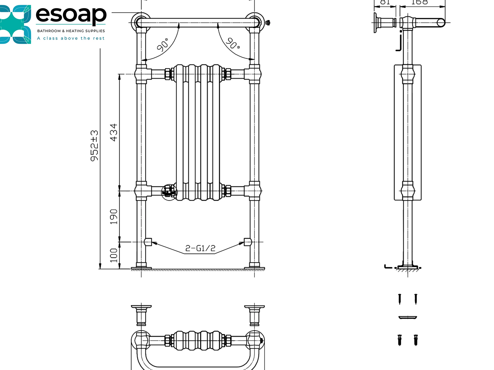 Technical drawing of a bathroom radiator  alicia with dimensions and esoap branding.