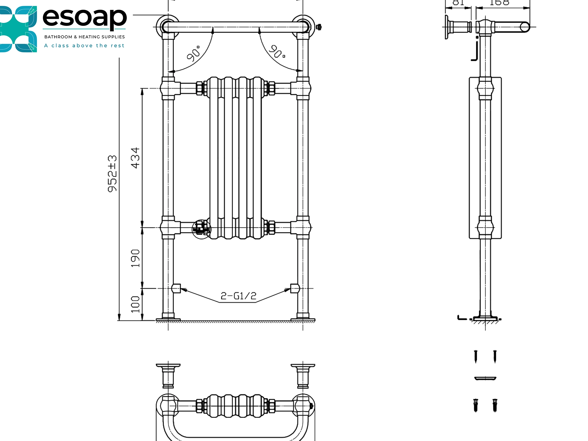 Technical drawing of a bathroom radiator  alicia with dimensions and esoap branding.