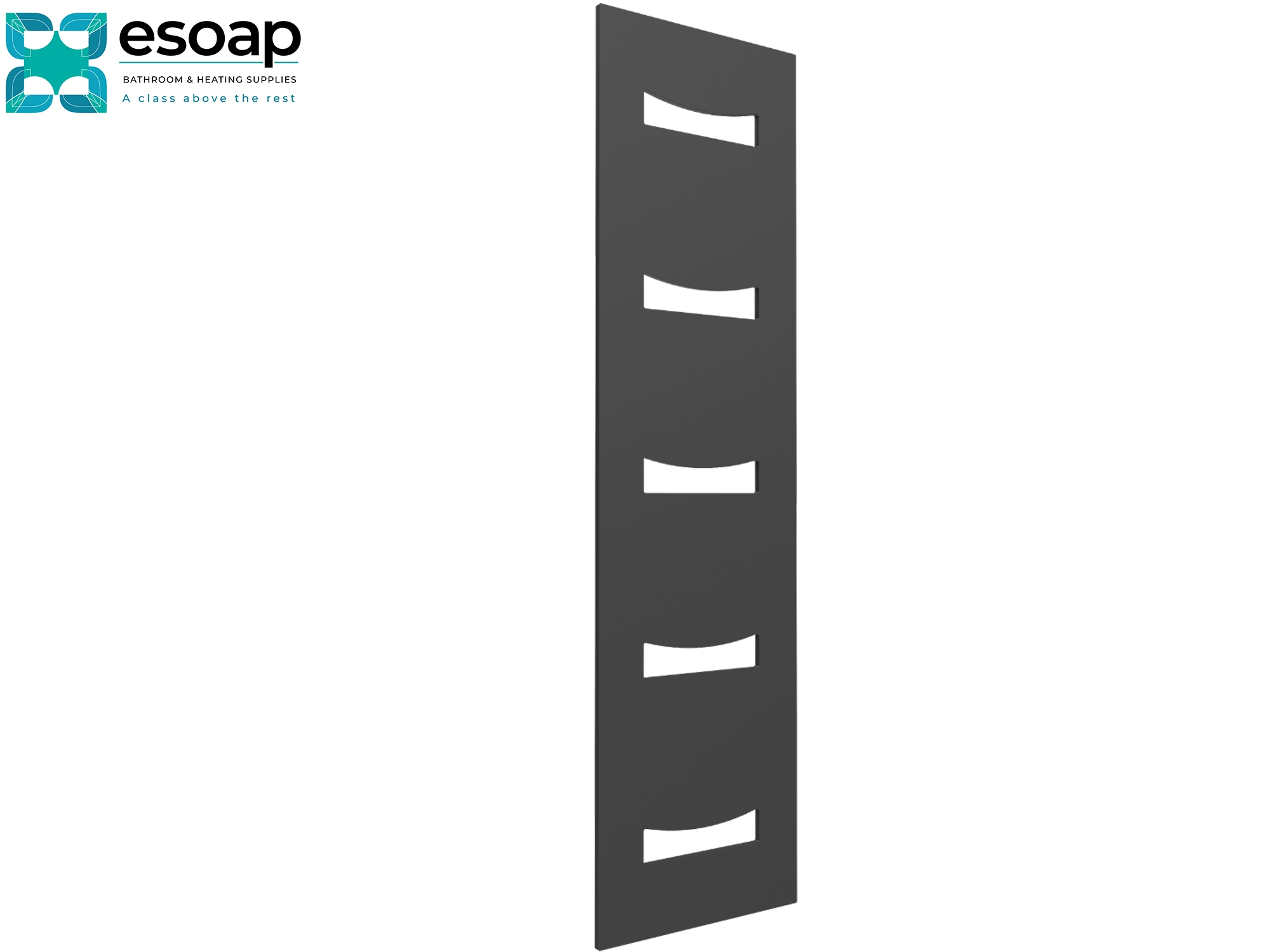 Black wall-mounted designer radiator ancora 1800 x 490 with Esoap branding on a white background