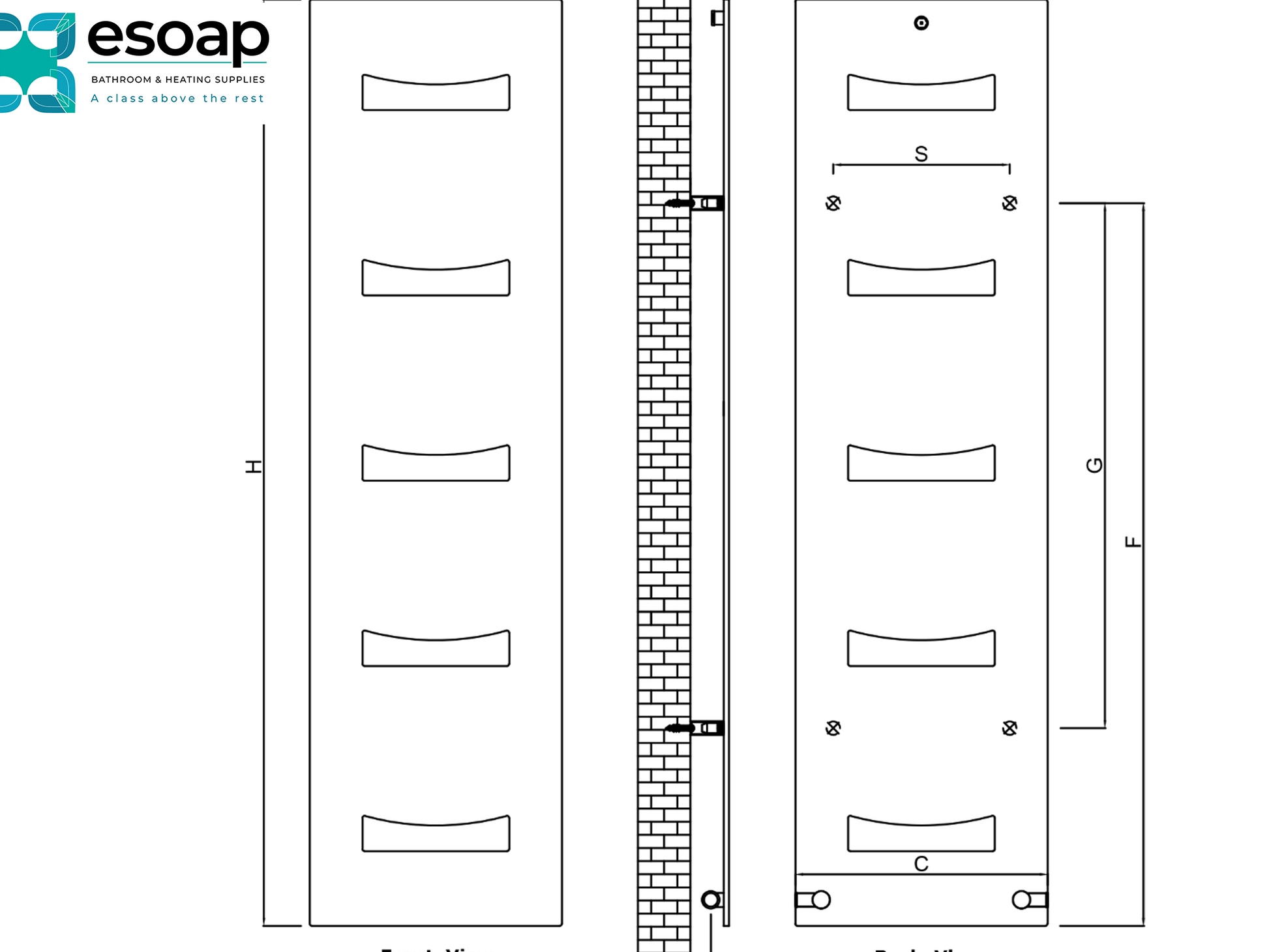 Technical drawing of a ancora designer radiator with dimensions and esoap branding.