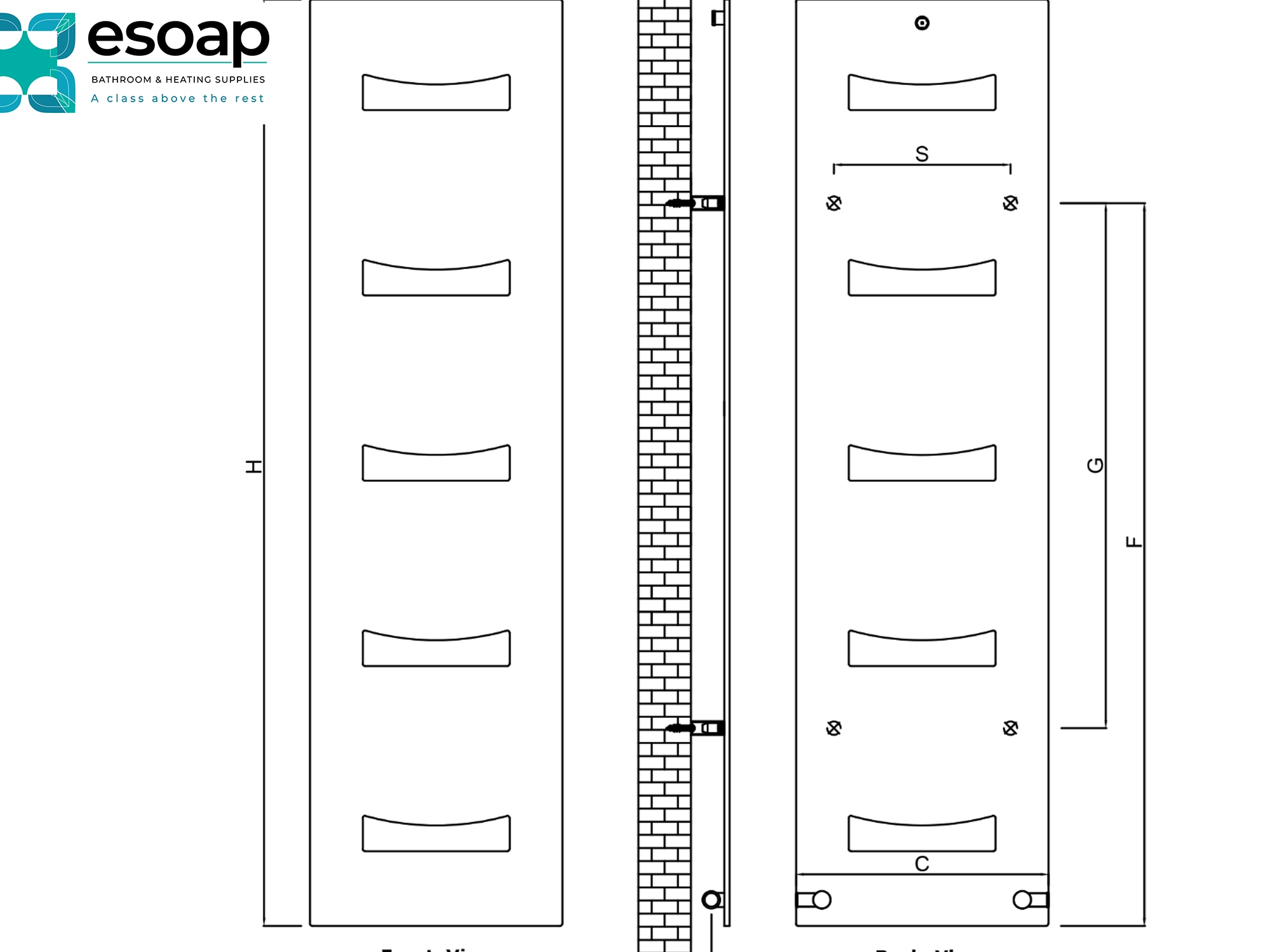 Technical drawing of a ancora designer radiator with dimensions and esoap branding.