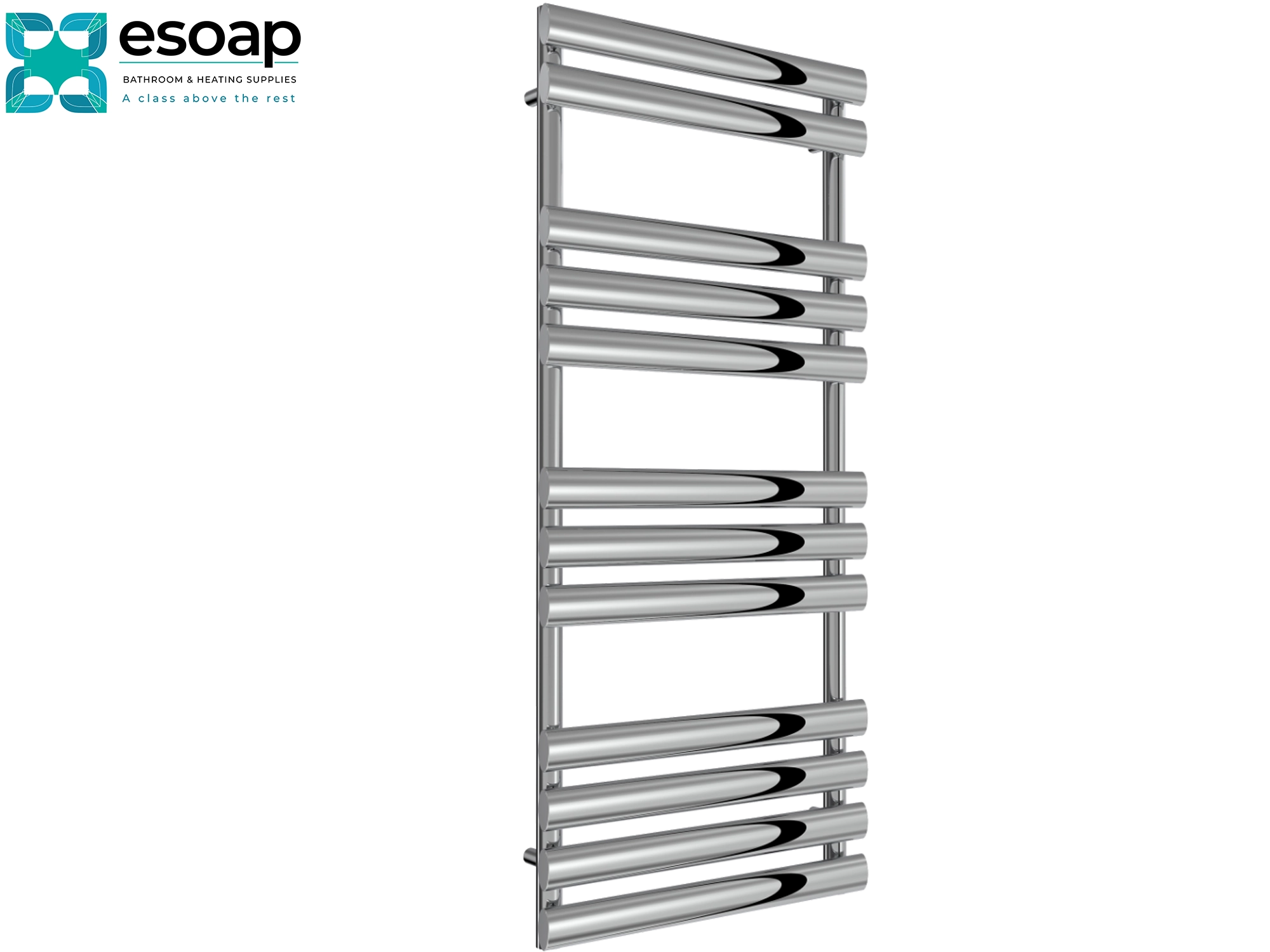 Chrome arbori towel radiator 1130 x 500 on a white background with Esoap branding.