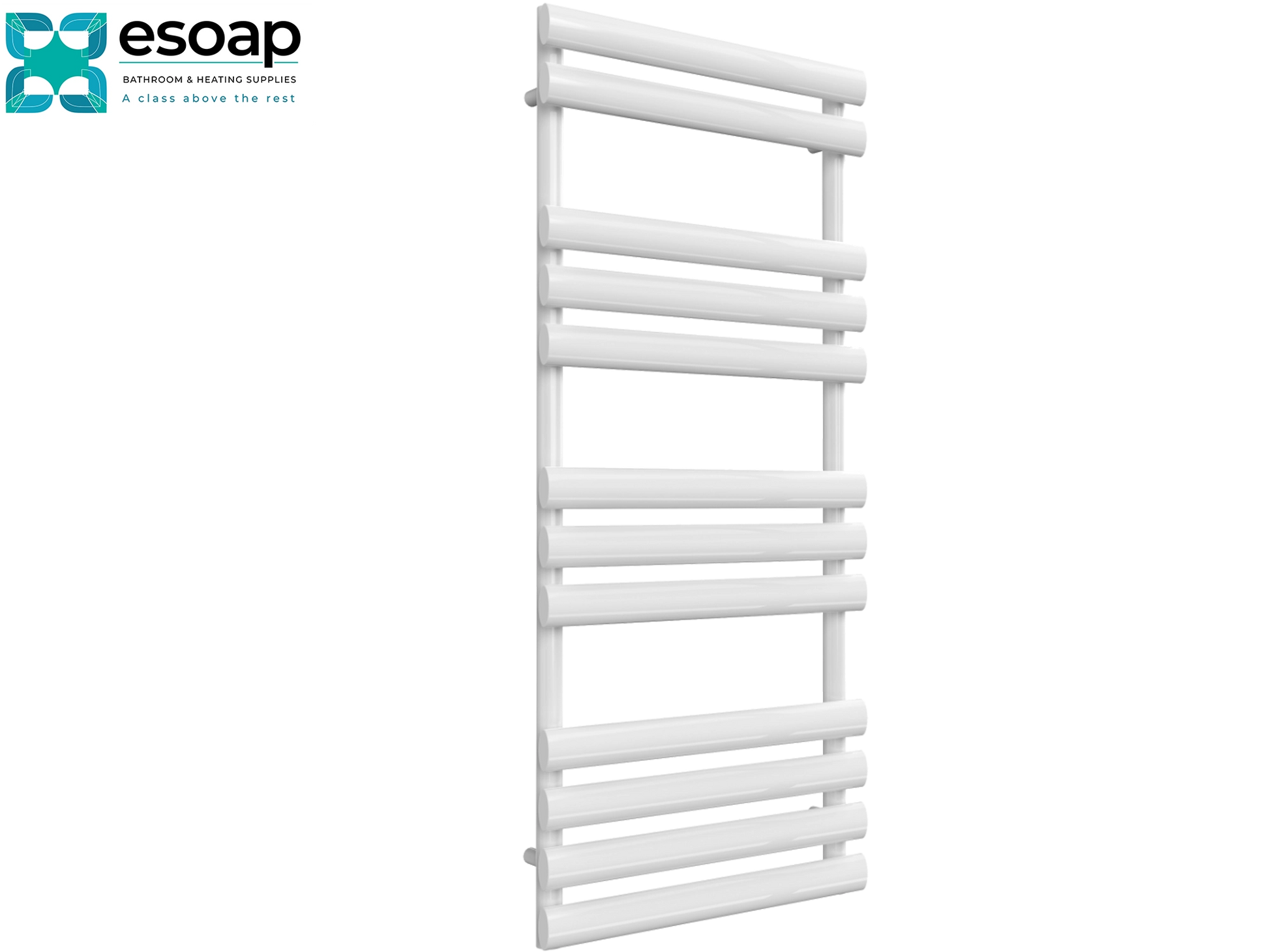 White arbori towel radiator 1130 x 500 on a white background with 'esoap' branding.
