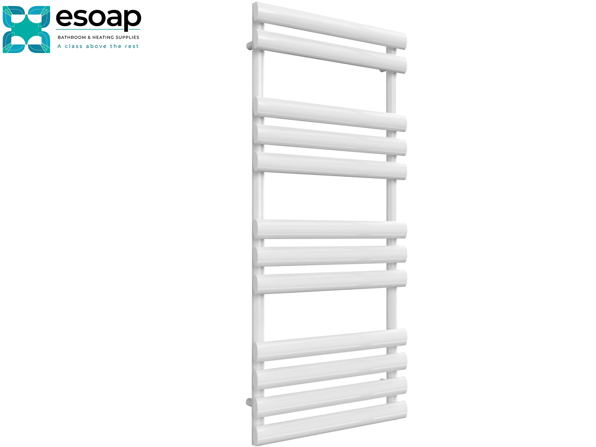 White arbori towel radiator 1130 x 500 on a white background with 'esoap' branding.