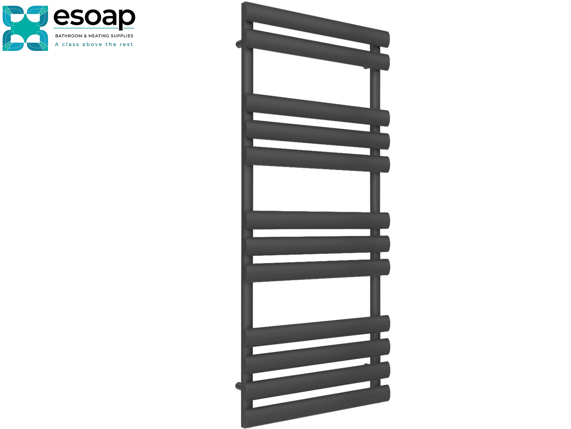 anthracite arbori Towel radiator 1310 x 500 on a white background with 'esoap' branding.