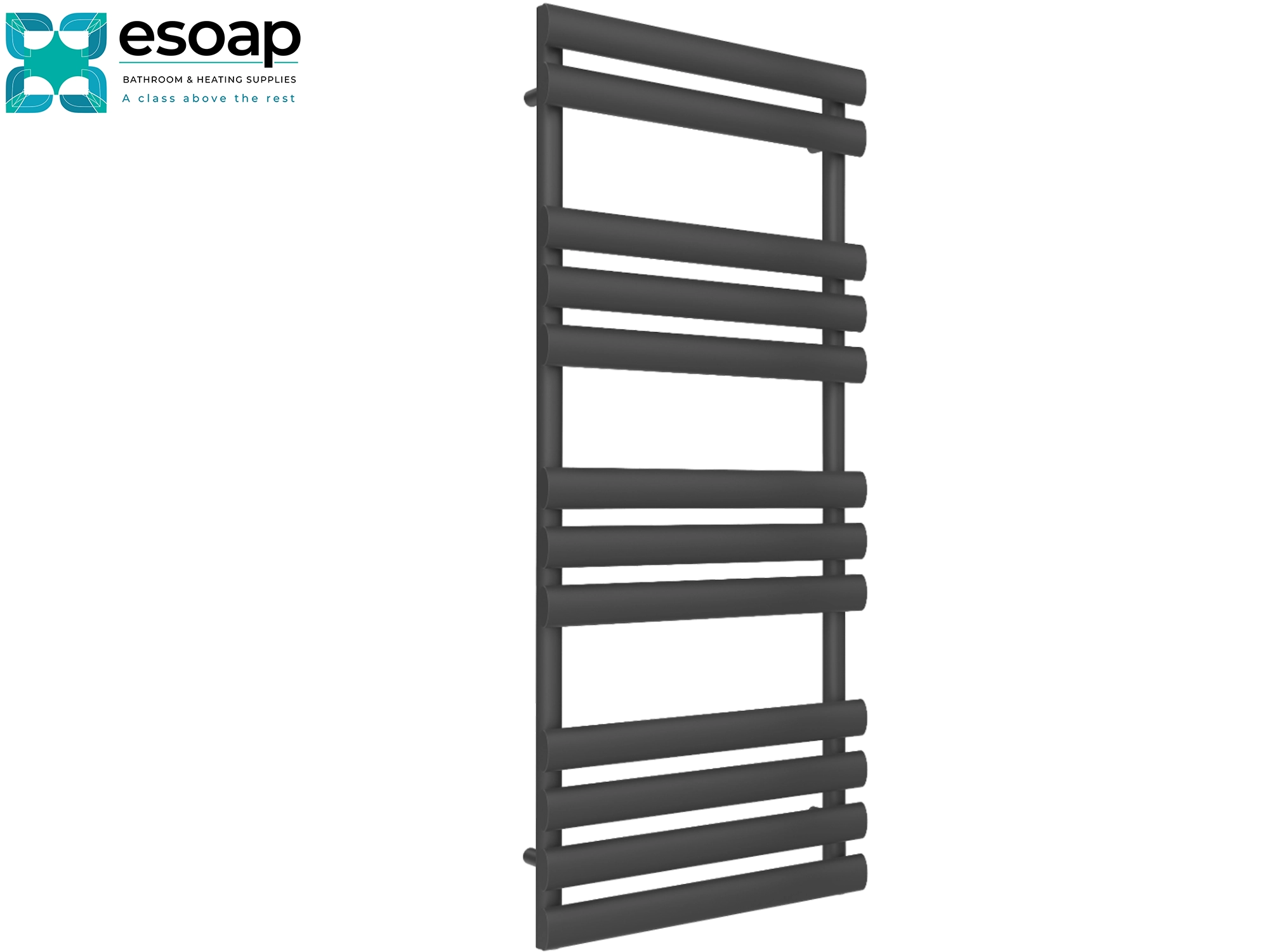 anthracite arbori Towel radiator 1310 x 500 on a white background with 'esoap' branding.