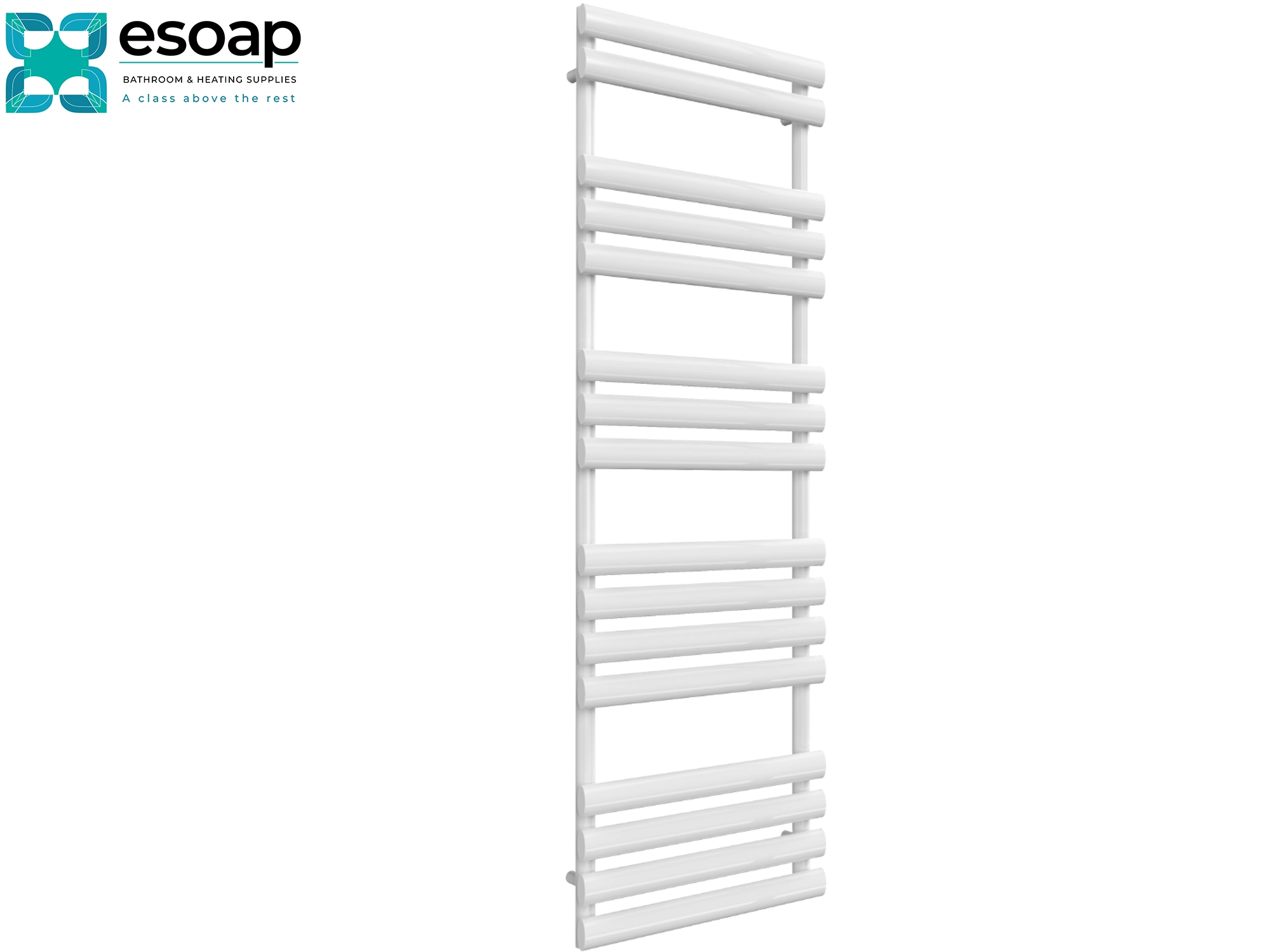 White arbor towel radiator 1510 x 500 on a white background with 'esoap' branding.