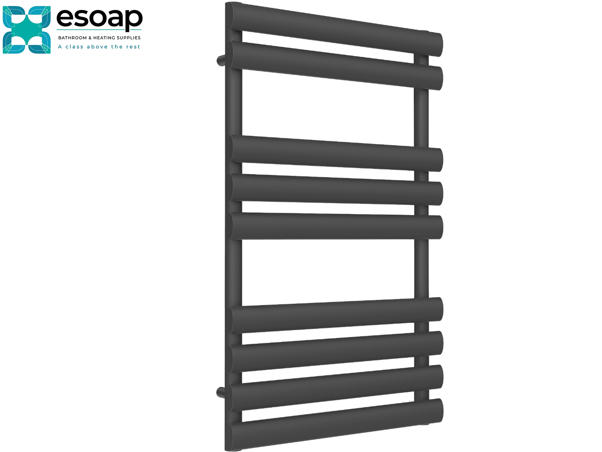 anthracite abori towel radiator 820 x 500 on a white background with 'esoap' branding.