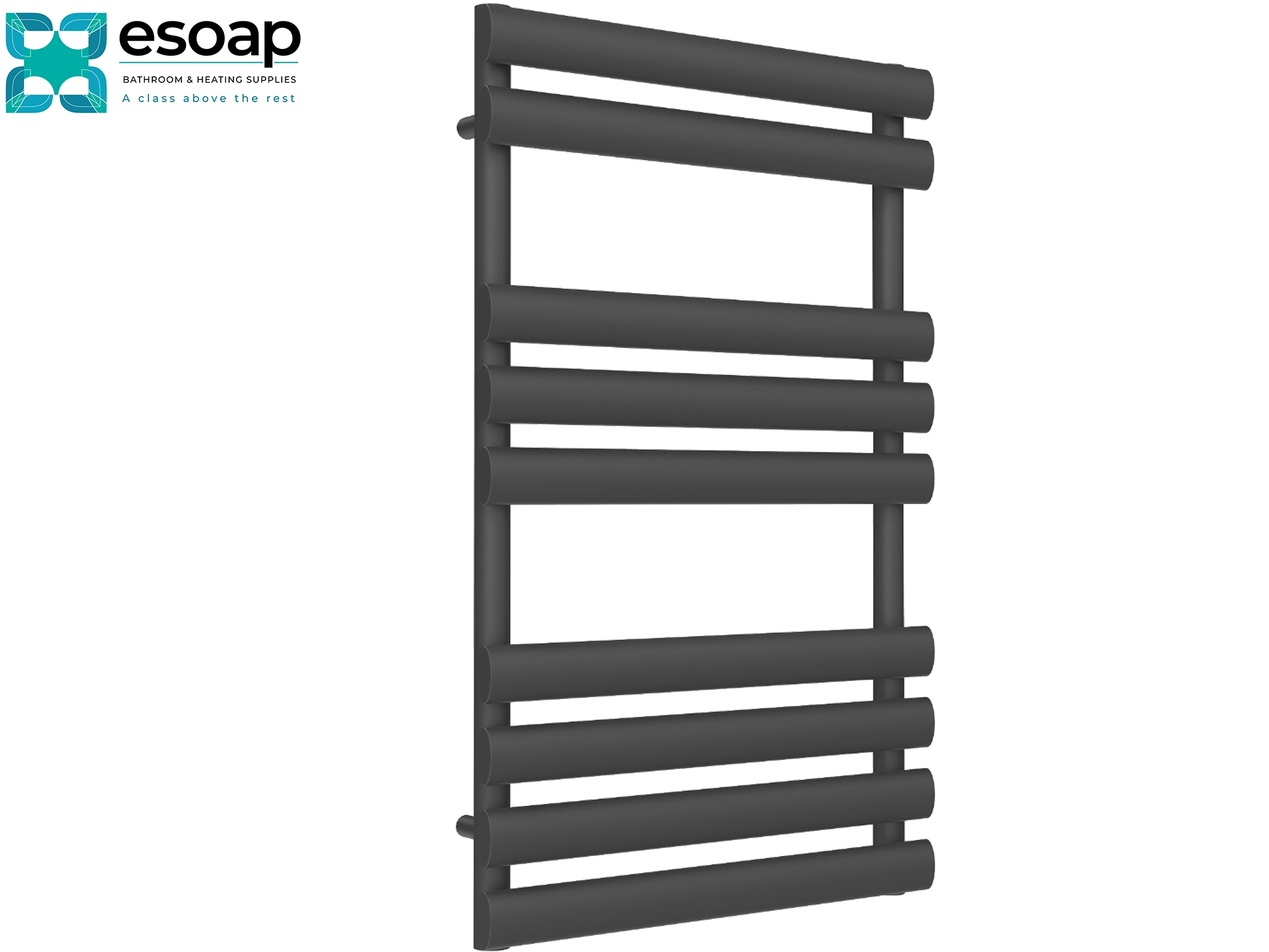 anthracite abori towel radiator 820 x 500 on a white background with 'esoap' branding.