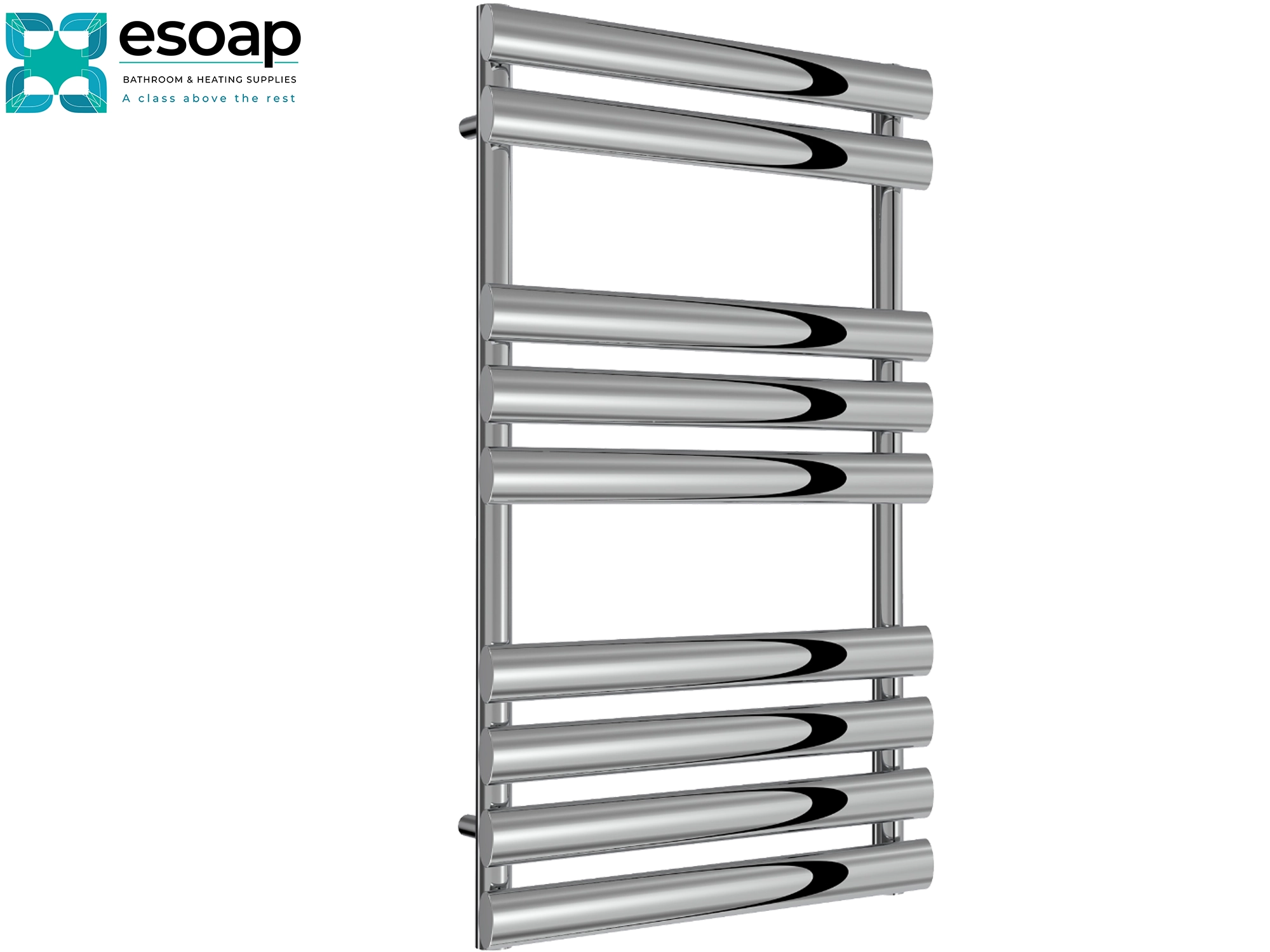 Chrome abori towel radiator 820 x 500 on a white background with 'esoap' branding.