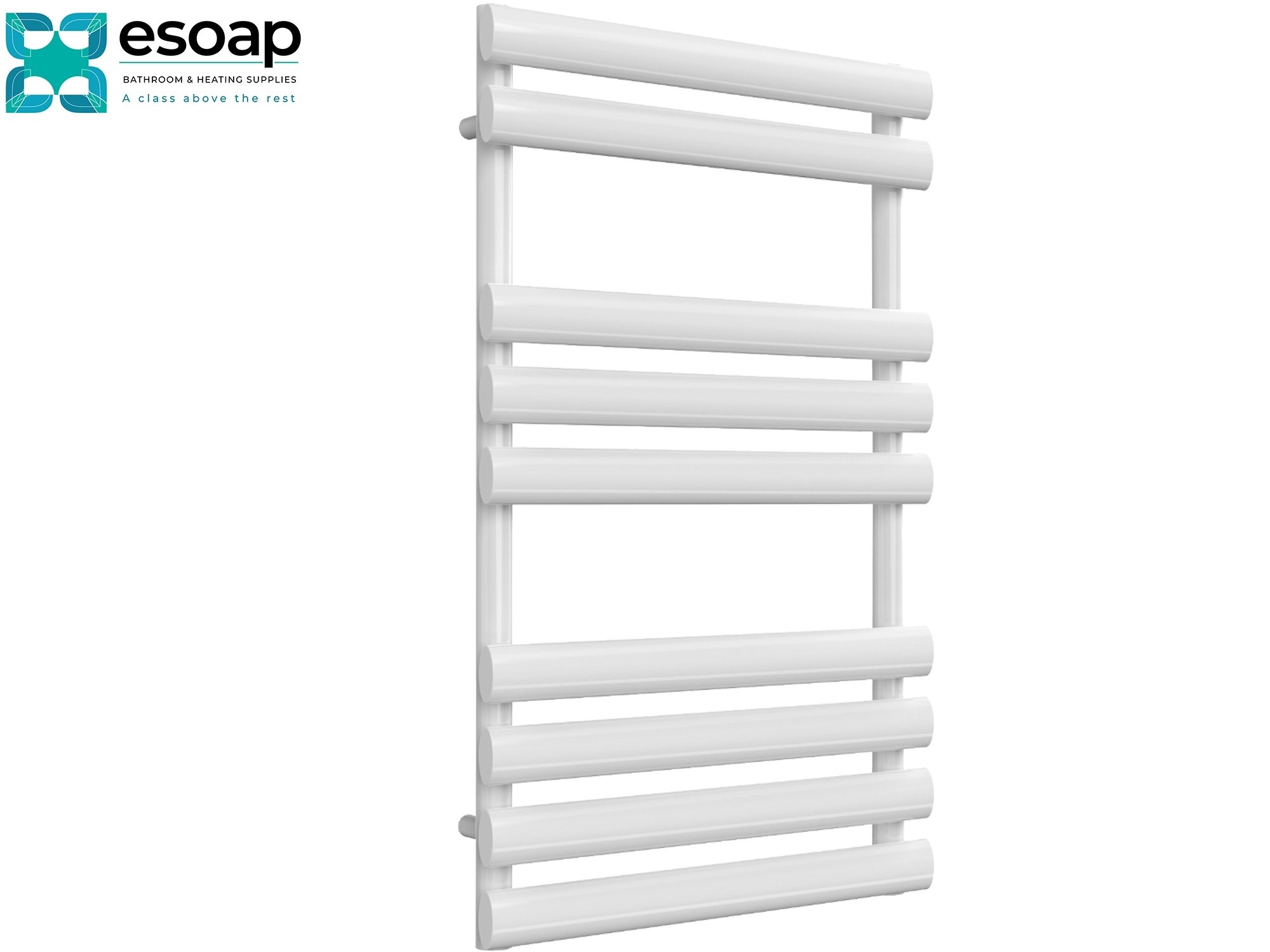 White arbori towel radiator 820 x 500 on a white background with 'esoap' branding.
